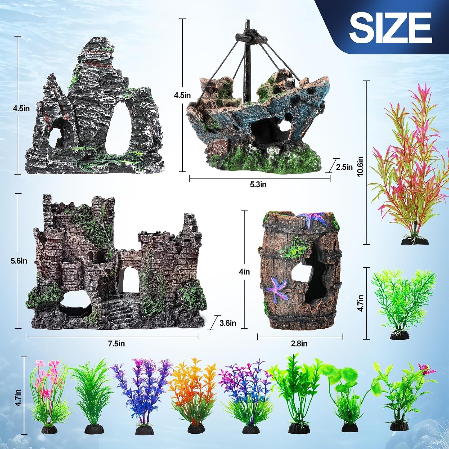 CousDUoBe 14 Pcs Aquarium Decorations Large Kit,Castle Fish Tank Bubbler Decorations,Starfish Barrel, Resin Cave Rock,Resin Material Sunken Ship,Aquarium Plants Large Fish Bowl Ornaments - Image 2
