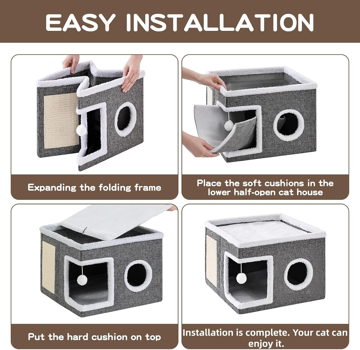 Large Cat Houses for Indoor Cats with Fluffy Ball and Scratch Pad | Foldable Cat Bed Cave for Multiple Pets, Kitten Bed for All Seasons, Non-slip, Hold Up to 30LBS, 16x16x13inch, Grey - Image 6