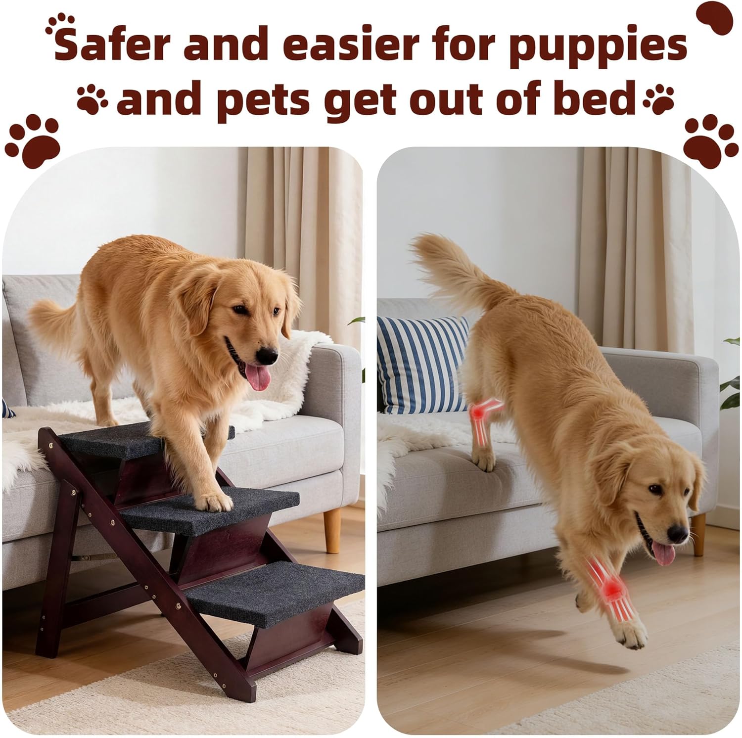 MEWANG Wooden Pet Stairs/Pet Steps - 3-in-1 Foldable Stairs & Ramp for Beds and Cars - Portable Dog/Cat Ladder Up to 220 Pounds - Great for Small and Older Animals(Brown) (24.8" L x 17.2" W x 19.5" H) - Image 4