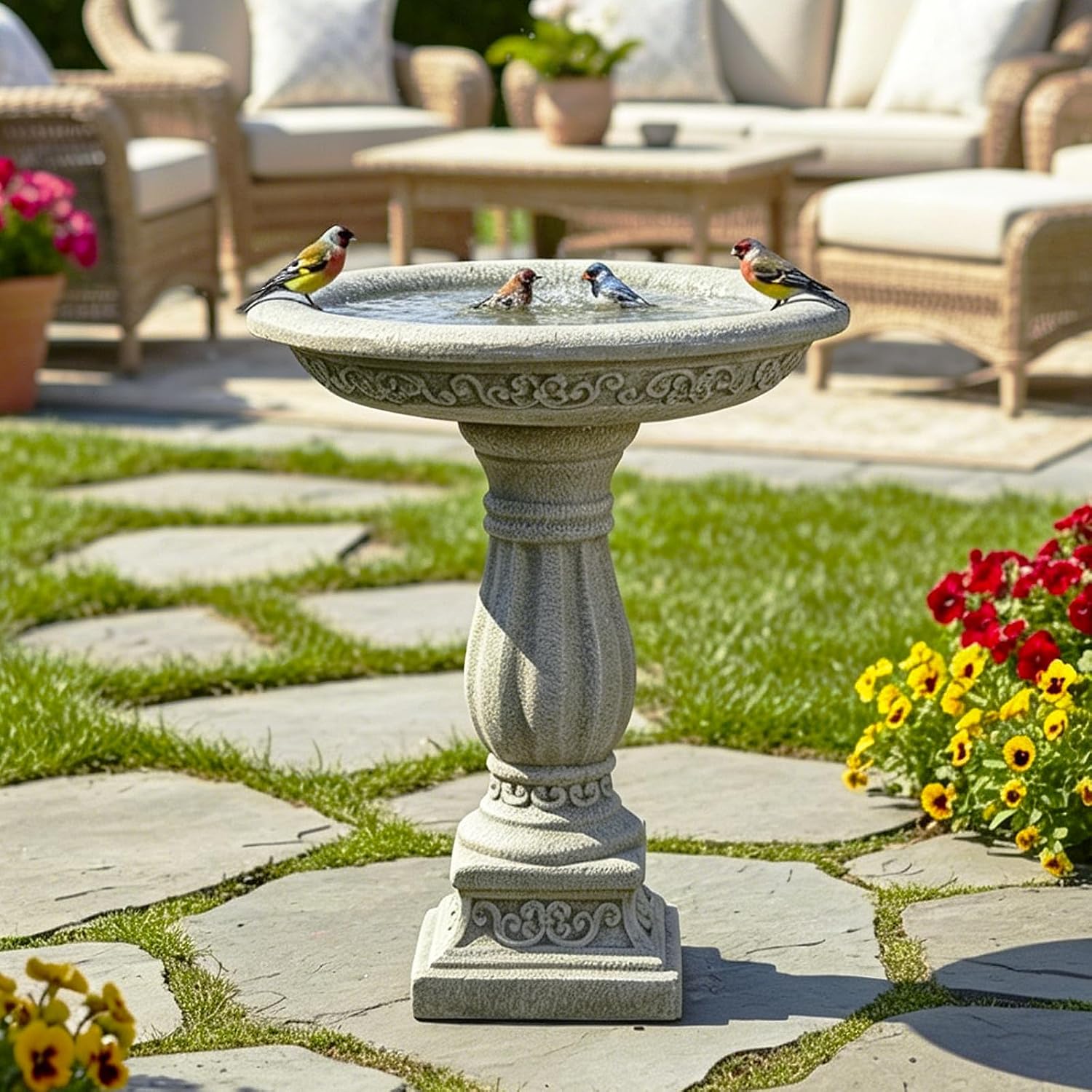 SKYFIRE 23.8" Tall Pedestal Bird Bath for Outdoor, Antique Weathered Concrete Birdbath with Decorative Carving, Durable Freestanding Fiber-Reinforced Cement Bird Bath for Garden, Patio, Lawn, Backyard - Image 7