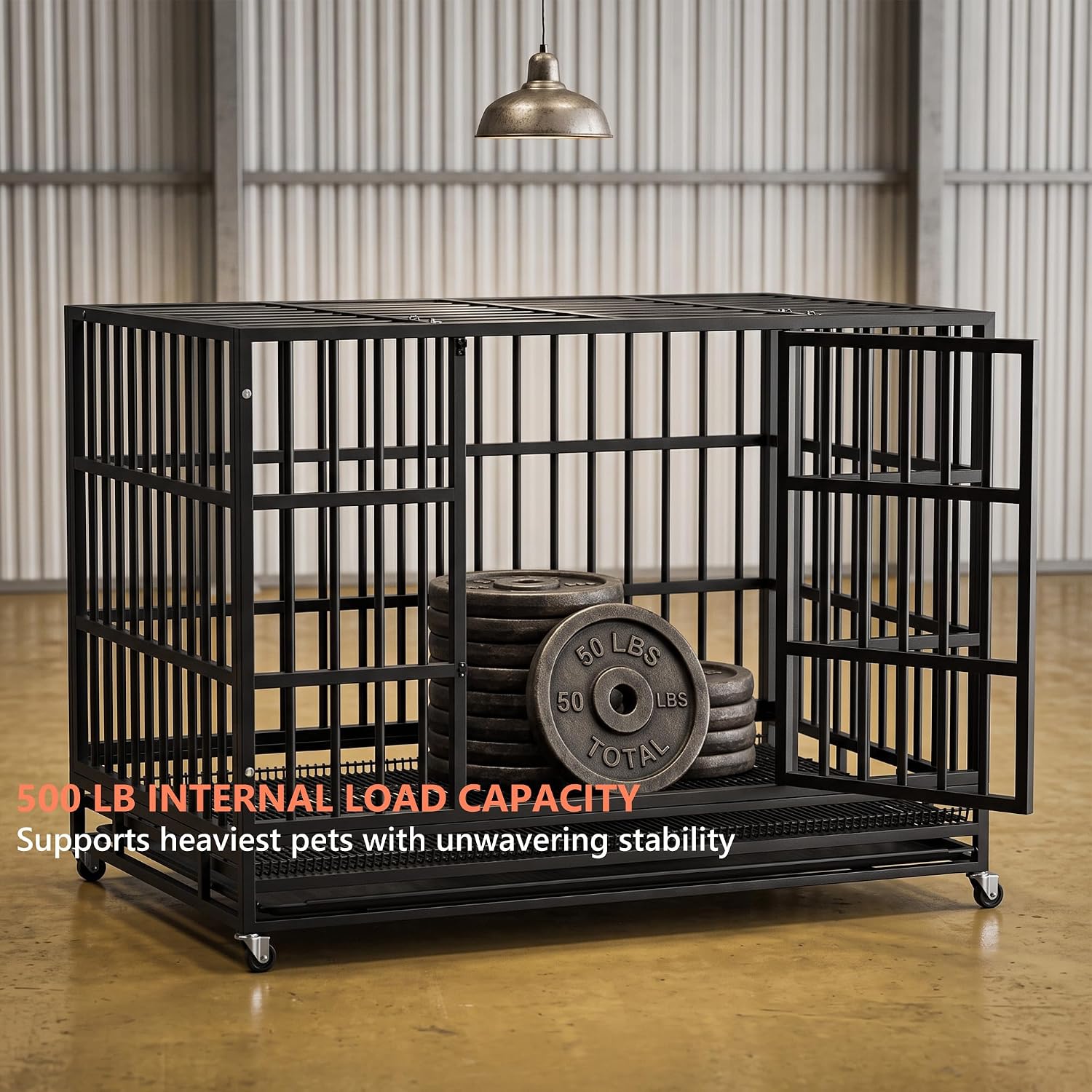 LEMBERI 48" Heavy Duty Dog Crate, Indestructible Escape-Proof Cage Kennel for Large Dogs, High Anxiety Dog Crate with Removable Wire Trays & Lockable Wheels, Extra Large XL XXL, Black - Image 4