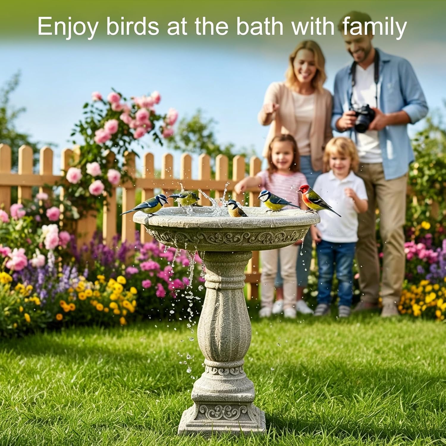 SKYFIRE 23.8" Tall Pedestal Bird Bath for Outdoor, Antique Weathered Concrete Birdbath with Decorative Carving, Durable Freestanding Fiber-Reinforced Cement Bird Bath for Garden, Patio, Lawn, Backyard - Image 5