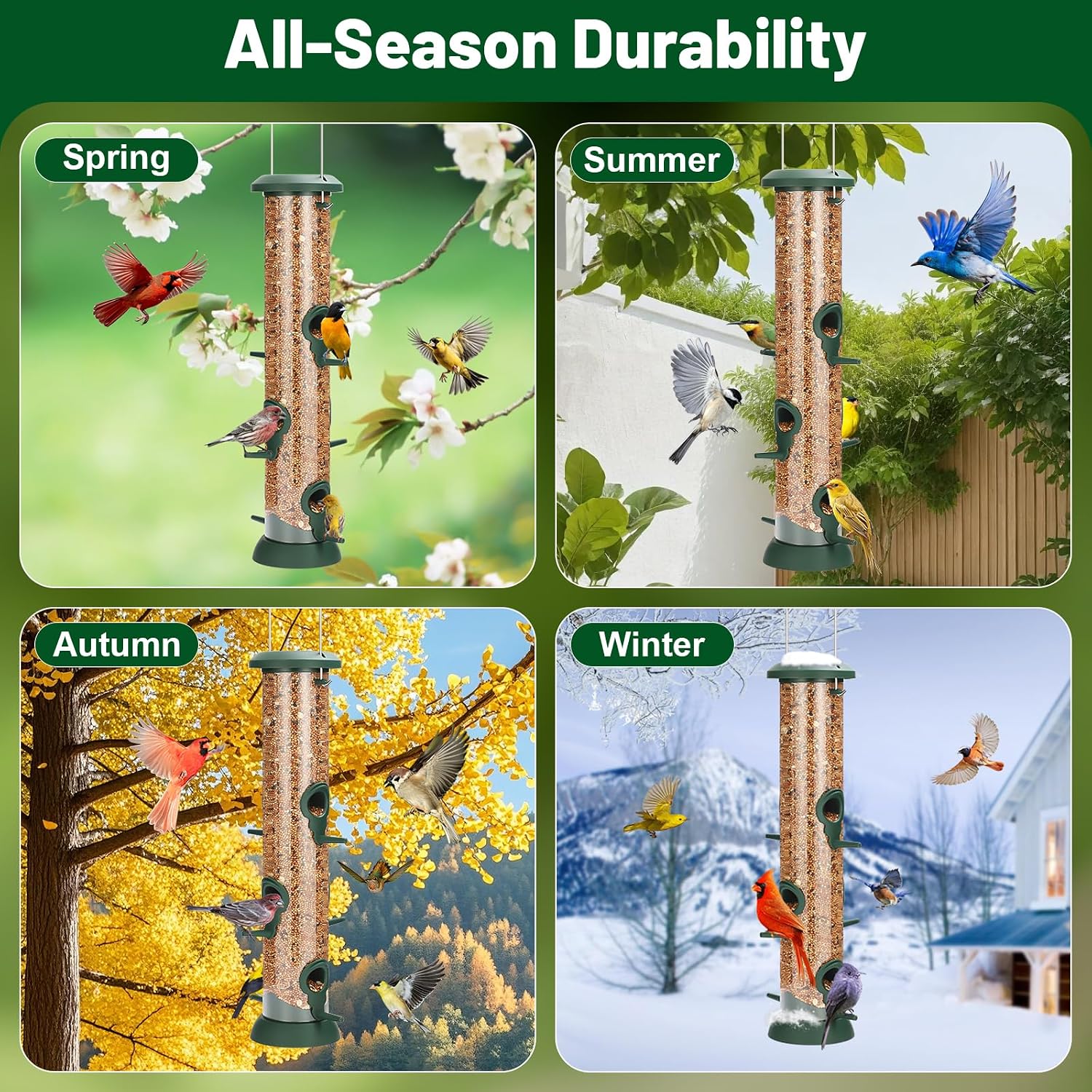 FEED GARDEN 2 Pack Tube Bird Feeders for Outdoors Hanging - Premium Hard Plastic Wild Bird Feeder with 6 Ports, Easy Refill & Clean, 15 Inch, Green - Image 6