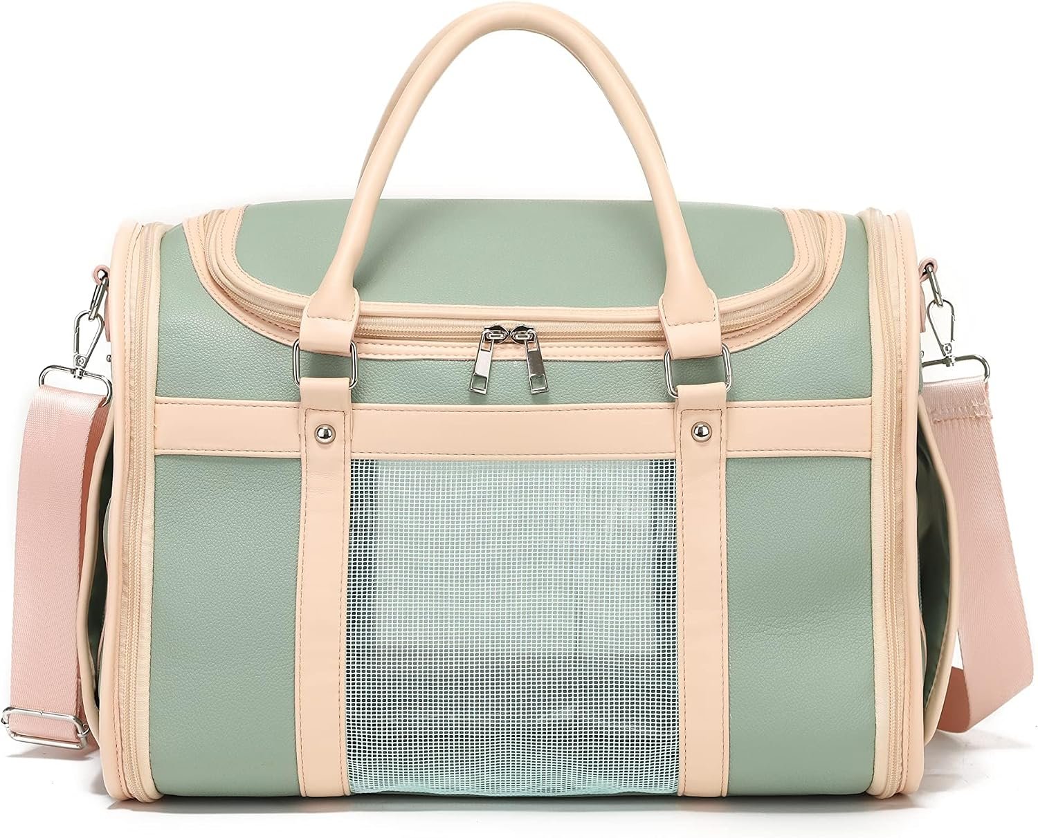 Luxury Mint Green PU Leather Pet Carrier Bag, Airline Compliant Portable Travel Crate with Breathable Mesh Panels & Shoulder Strap for Cats Small Dogs Travel & Vet Use - Image 3