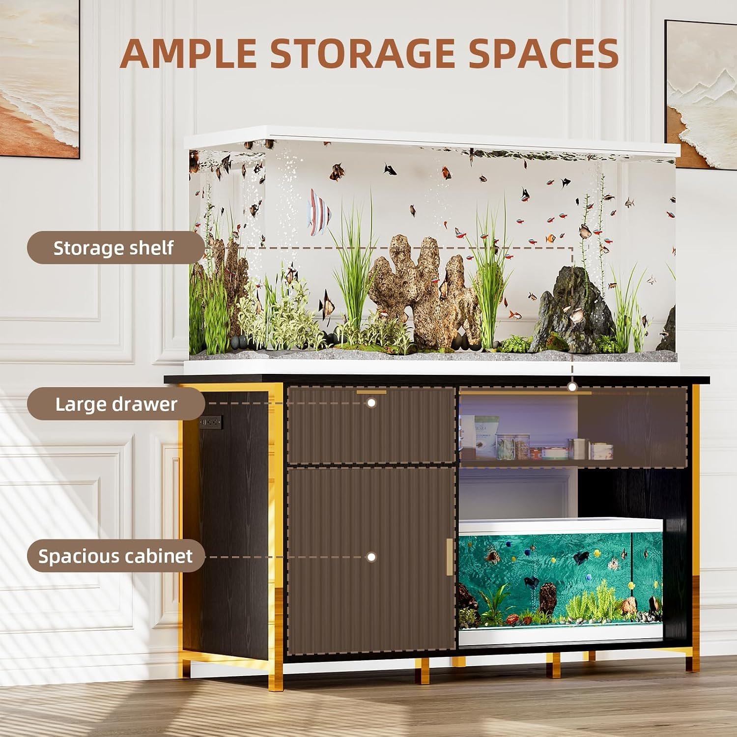 4ever2buy 55-75 Gallon Fish Tank Stand, Aquarium Stand, Black & Gold | 49 x 20 x 31.5 in, LED light, power outlets, vertical-line cabinet, 1100 lb capacity, turtle tank and terrarium stand - Image 3