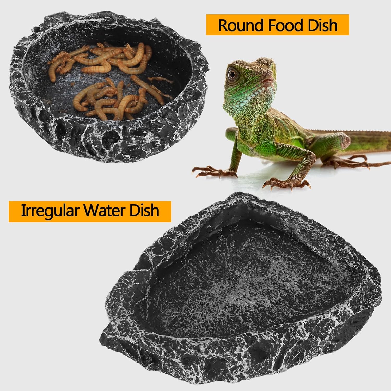 Reptile Water Dish Food Bowl for Bearded Dragon Tank Accessories, Reptile Rock Feeder for Tank 2 Pack Corner Resin Terrarium Bowl for Leopard Gecko Hermit Crab Tortoise Snake, Black - Image 6