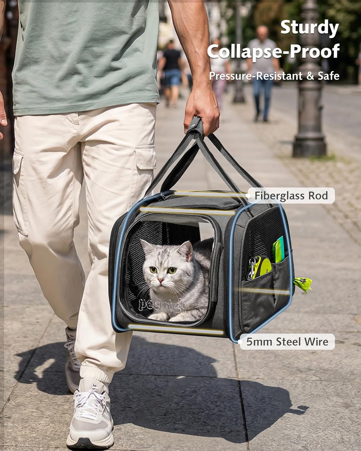 Pecute Cat Carrier with Bubble Window & Sunshade for Dogs Cats, Gray M | Dual bubble windows & top sunshade, 70% more airflow mesh, Impact-resistant stable frame, Locking zippers, Fits up to 11 lbs - Image 4