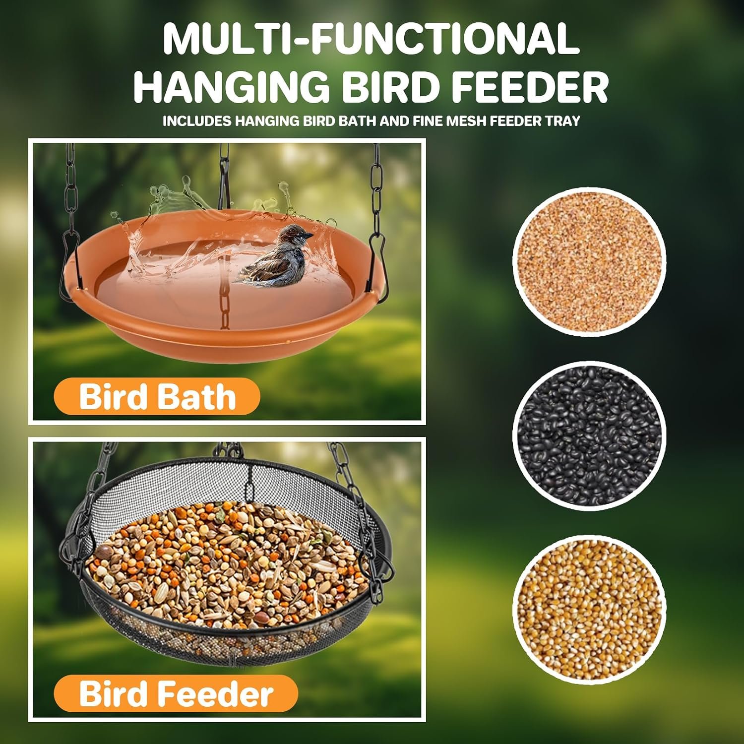 RAINFLOW Hanging Bird Bath Feeder - 2 in 1 Outdoor Water Tray for Backyard | Platform Bird Feeder for Outside Garden Patio, Attracts Wild Birds, Spring Summer Decor, Bird Lover Gift, Easy Hanging Set - Image 6