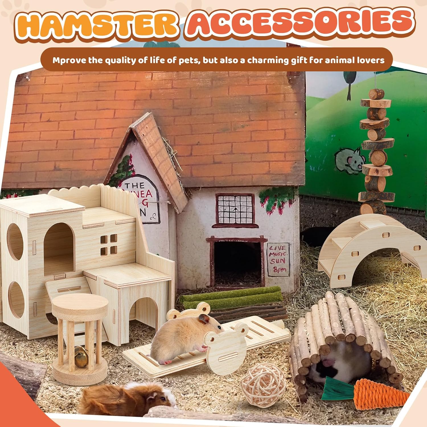 8 Pcs Hamster Cage Accessories Hamster Starter Kit with Maze Wood House, Bridge, Seesaw, Chew Toys Set for Gerbils and Mice Small Animals Habitat Supplies(Classic Villa) - Image 6