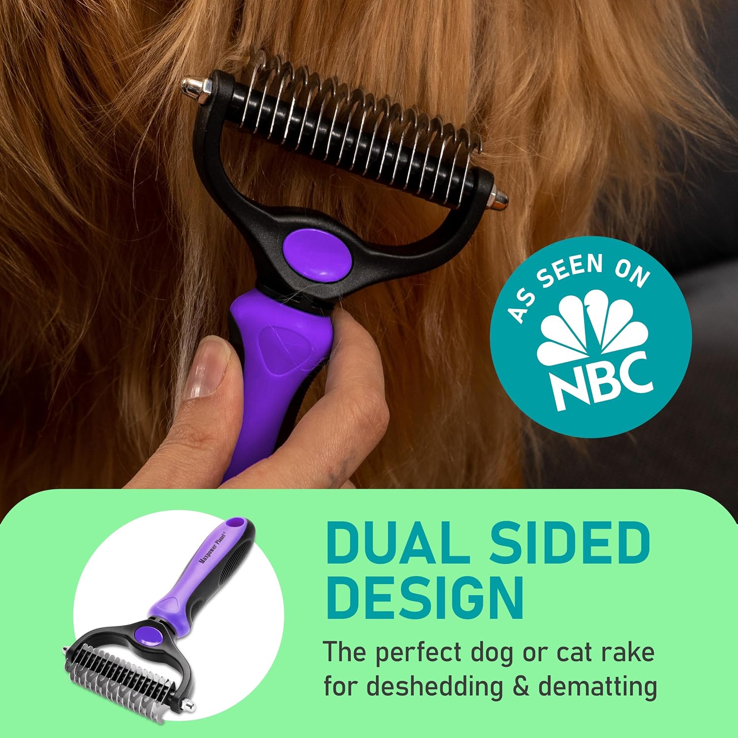 Maxpower Planet Pet Grooming Brush - Double Sided, Extra Wide for Dogs and Cats - Dematting Undercoat Rake, Reduces Shedding by 95%, Purple - Image 2