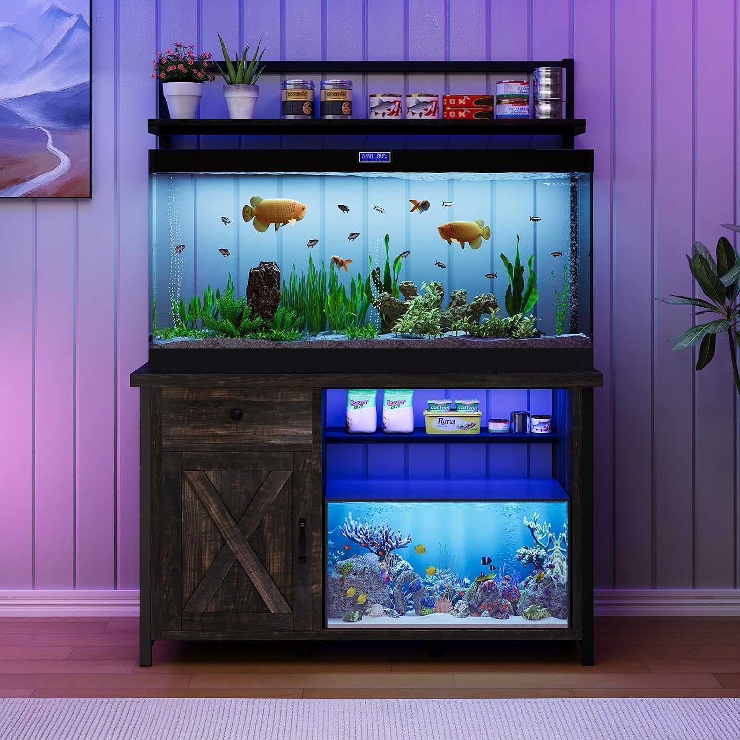 55-75 Gallon Fish Tank Stand with Power Outlet, Led Light, Heavy Duty Aquarium Stand with Cabinet for Fish Tank Accessories Storage, Shelf, for Turtle Tank, Reptile Terrarium, 1100 LBS (Oak) - Image 9