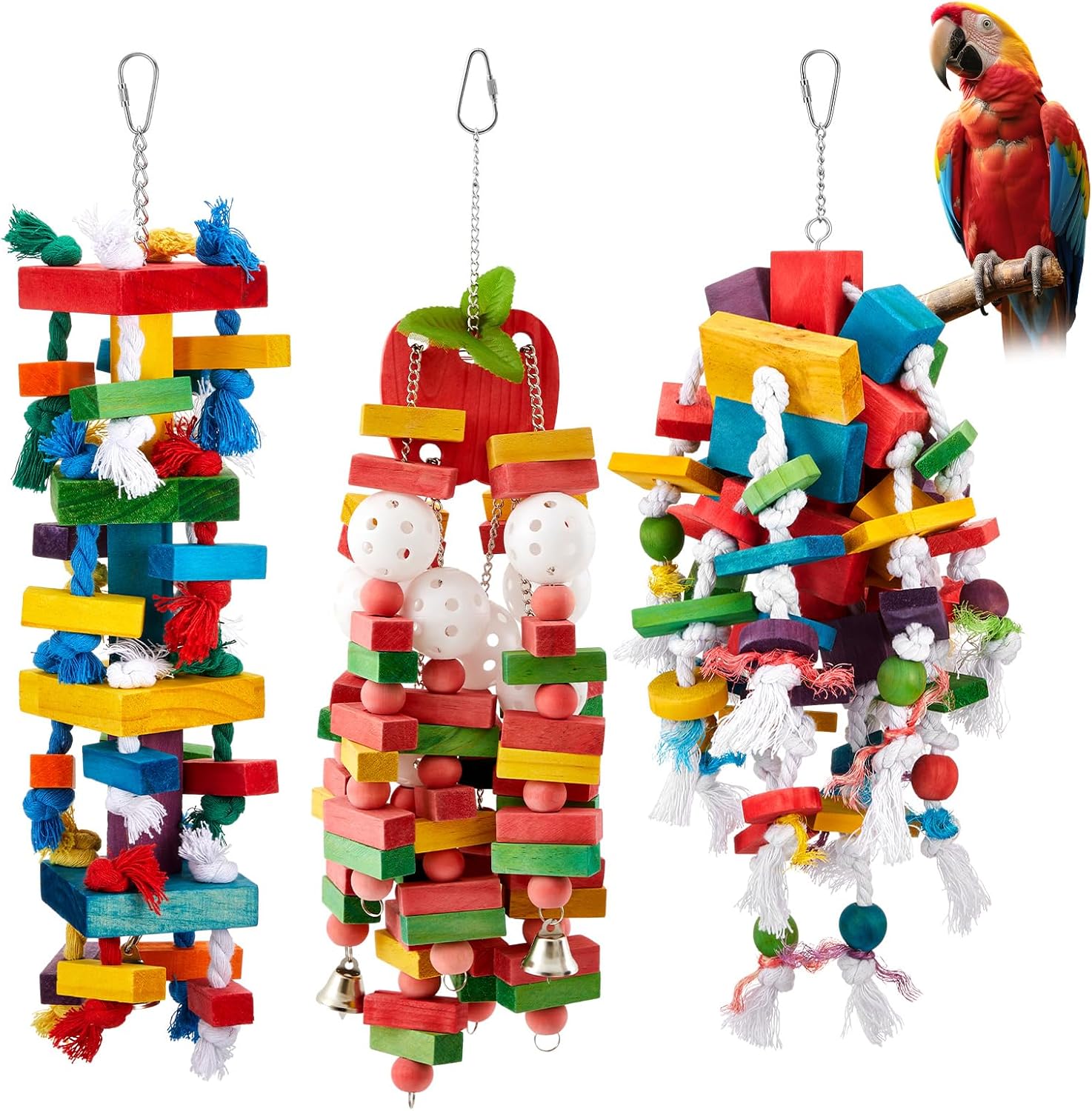 Seenelling 3 Pcs Extra Large Bird Parrot Toy Multicolored Natural Wooden Parrot Cage Chewing Toys for Large Medium Macaws Cockatoos African Grey Birds (Block and Rope)