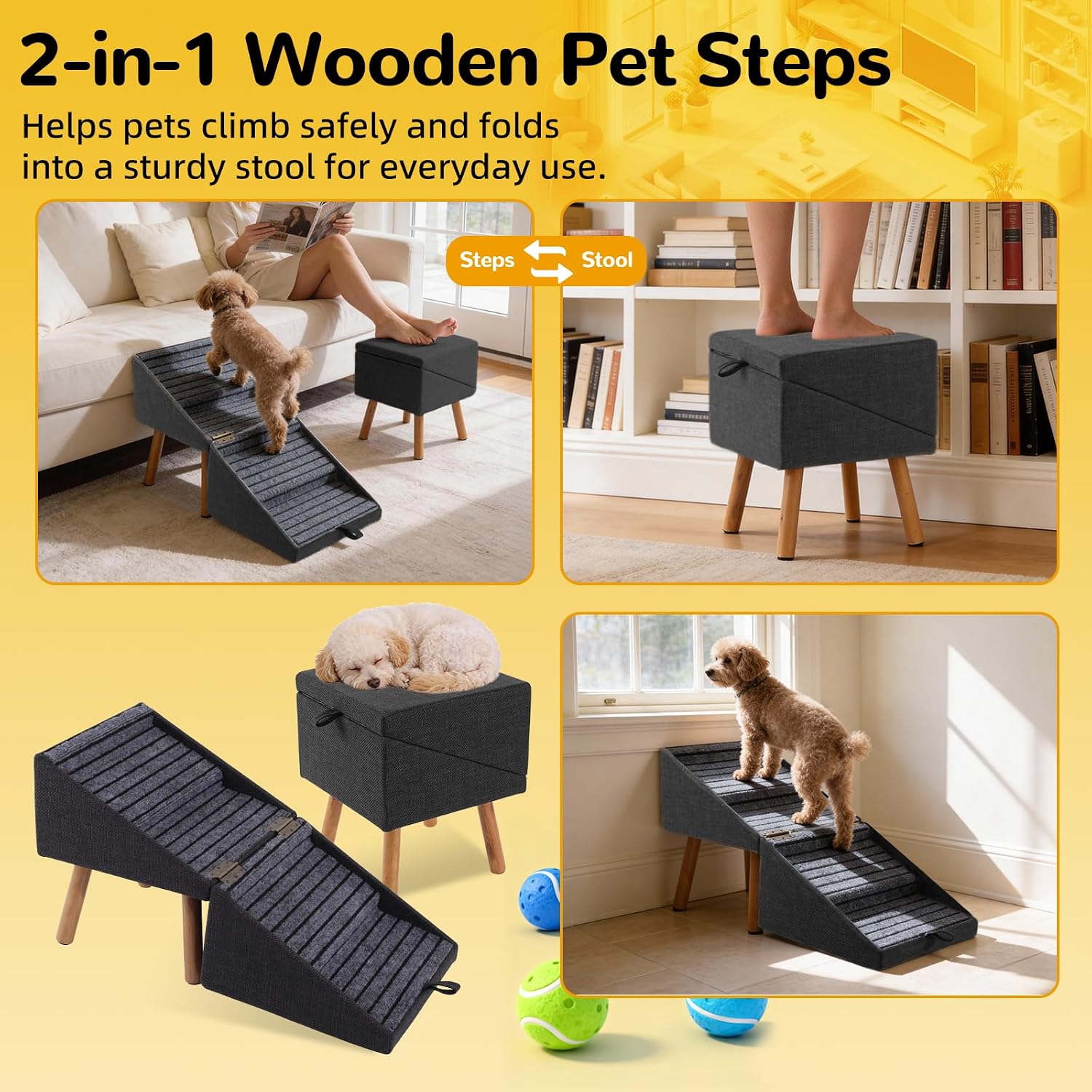 2-in-1 Foldable Dog Stairs & Ottoman, Non-Slip Pet Steps for Small Dogs | wooden dog ramp , foldable space-saving design, ideal for puppies senior & injured pets, helps dogs easily reach couch - Image 6