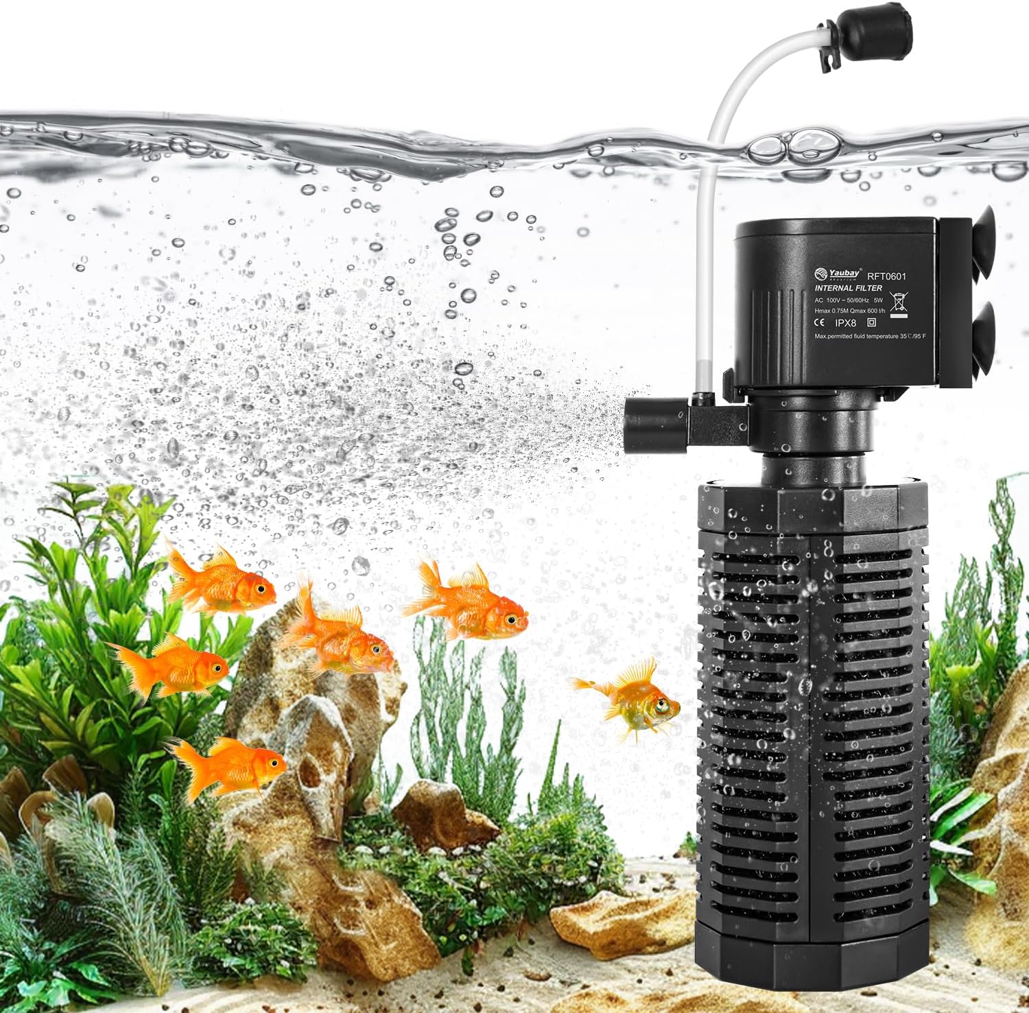 Yaubay Aquarium Internal Filter for 10-50 Gallon Tanks, 13W Power Biochemical Sponge Fish Turtle Tank Filter with Aeration System, Silent Submersible Filters, 212 GPH