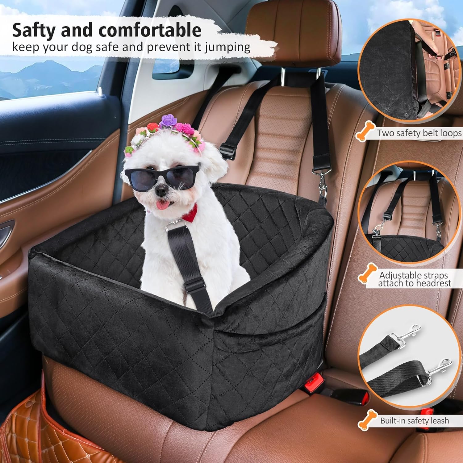 NEEZUKAR Dog Car Seat for Small Medium Dogs,Detachable Washable Dog Booster Seat Under 30lbs, Pet Car Seat Travel Bed with Storage Pockets and Dog Safety Belt (Black) - Image 3