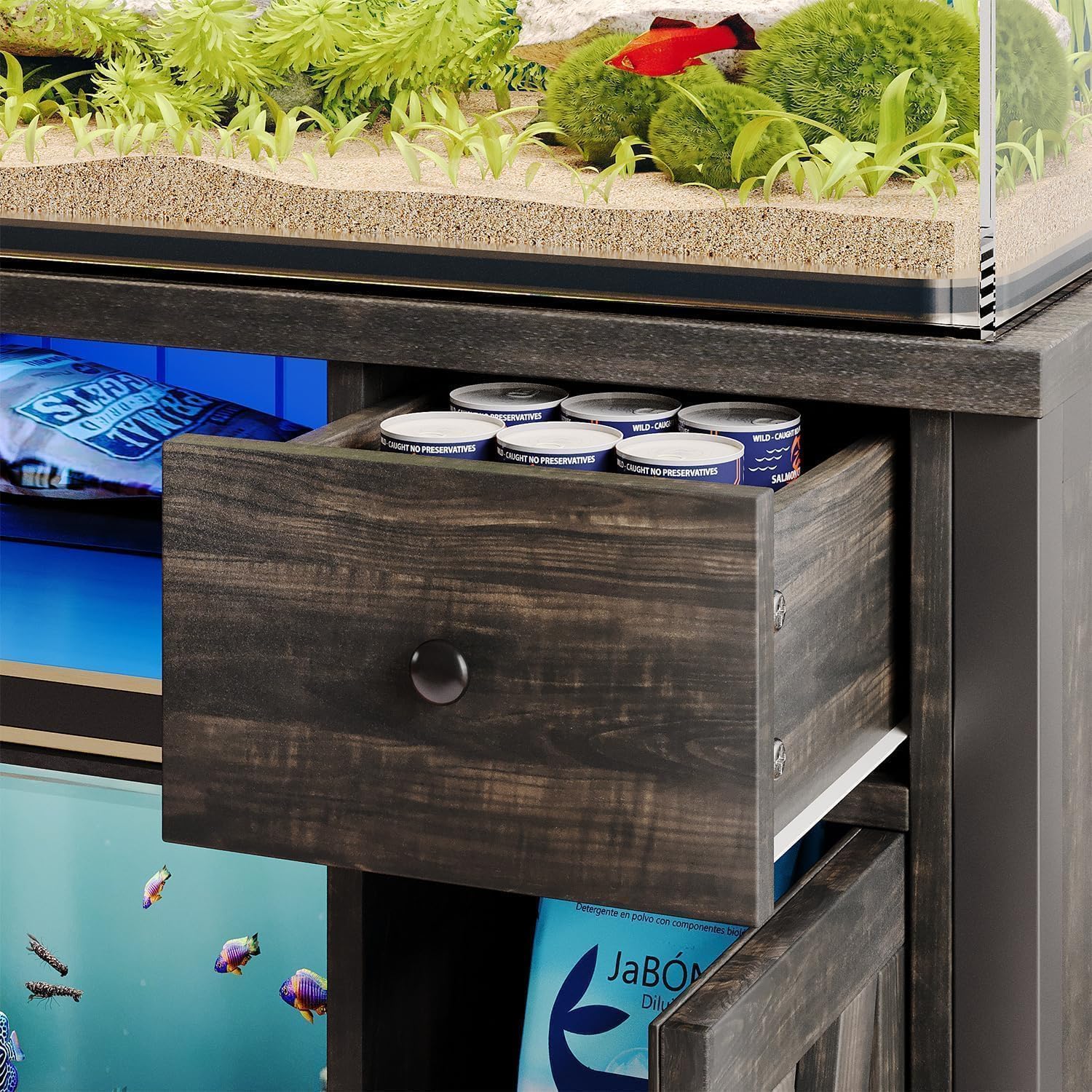 4ever2buy 55-75 Gallon Fish Tank Stand with Power Outlet & LED Lights, Heavy Duty Aquarium Stand with Storage Drawers & Barn Doors, Reptile Tank Cabinet for Turtle, Reptile Terrarium, Dark Oak - Image 5