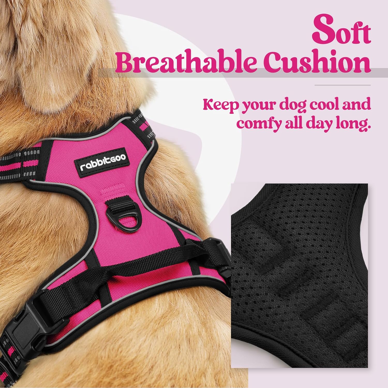 rabbitgoo Dog Harness No Pull with 2 Leash Clips, Adjustable Soft Padded, Reflective Oxford No Choke Pet Vest with Easy Control Handle for Large Dogs, Hot Pink, L - Image 2