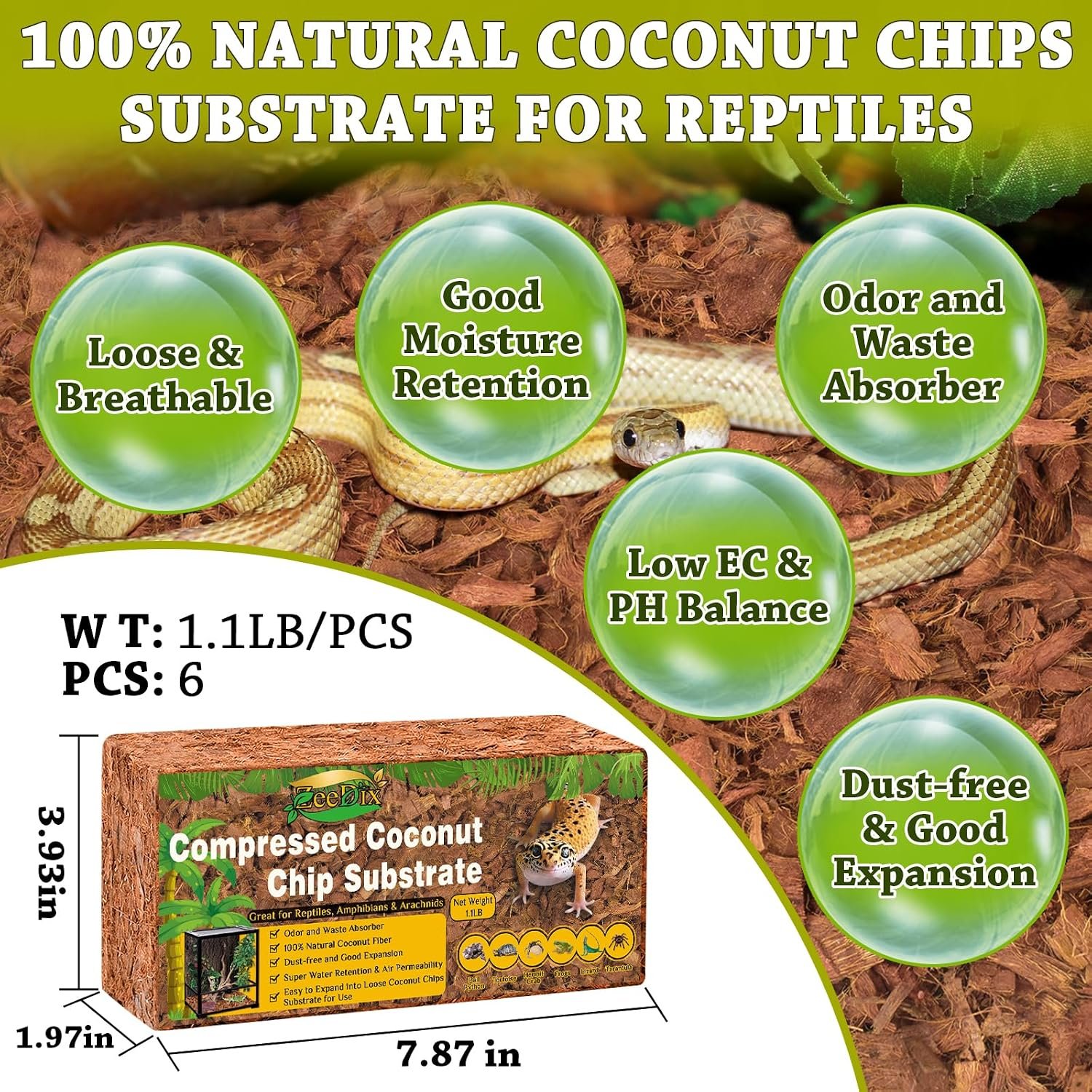 ZeeDix Coconut Husk Chip Substrate for Reptiles, 6 Pack Coconut Husk Mulch | Organic Coco Coir Chips for Snake Habitat, Reptile Bedding for Ball Python, Tortoises, Geckos, Lizards Terrarium Tanks - Image 2