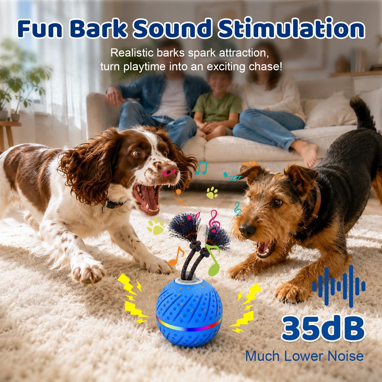 Smart Interactive Dog Toys Ball for Aggressive Chewers Medium Large,E-TPU | Auto-Moving & Bouncing Ball, 2 Modes with RGB Lights & Bird Sounds,Bite-Resistant Rope, IP54 Waterproof, Type-C Fast Charge - Image 3