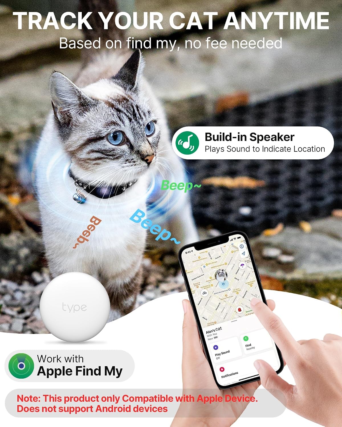 Cat Tracker Collar Waterproof Airtag Cat Collar with Finder Tag (iOS ONLY Not for Android Devices), Compatible with Apple Find My, Breakaway Tractive with Reflective Pattern & Bell, Black, 8-12" - Image 2