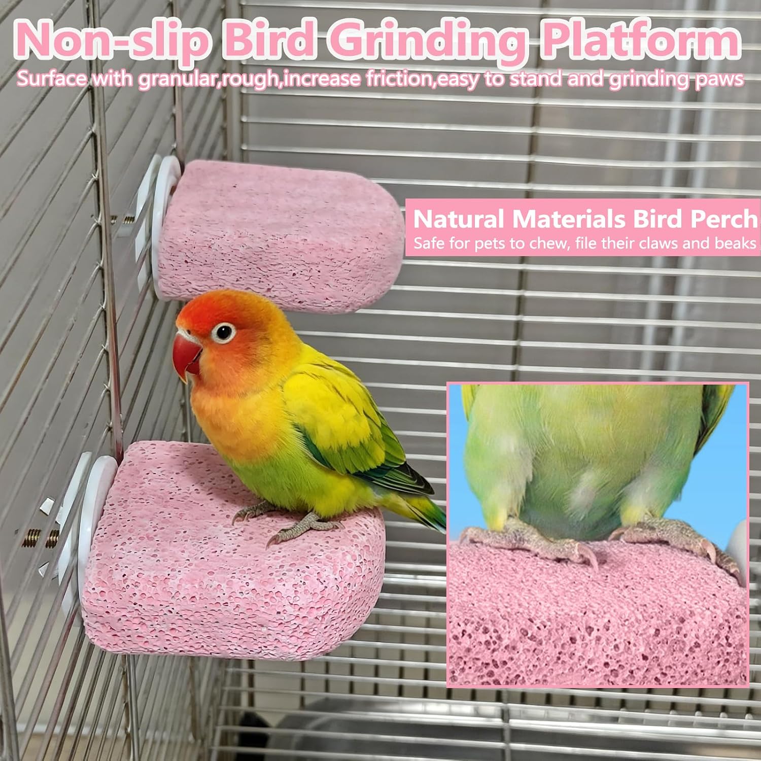 4PCS Bird Beak Grinding Stone,Parrot Perch Stands,Parakeets Platform Chewing Toys Calcium Pumice Lava Foot Claws Trimmer Climbing Ledge for Cockatiel Budgie Conure Lovebird(Pink) - Image 2