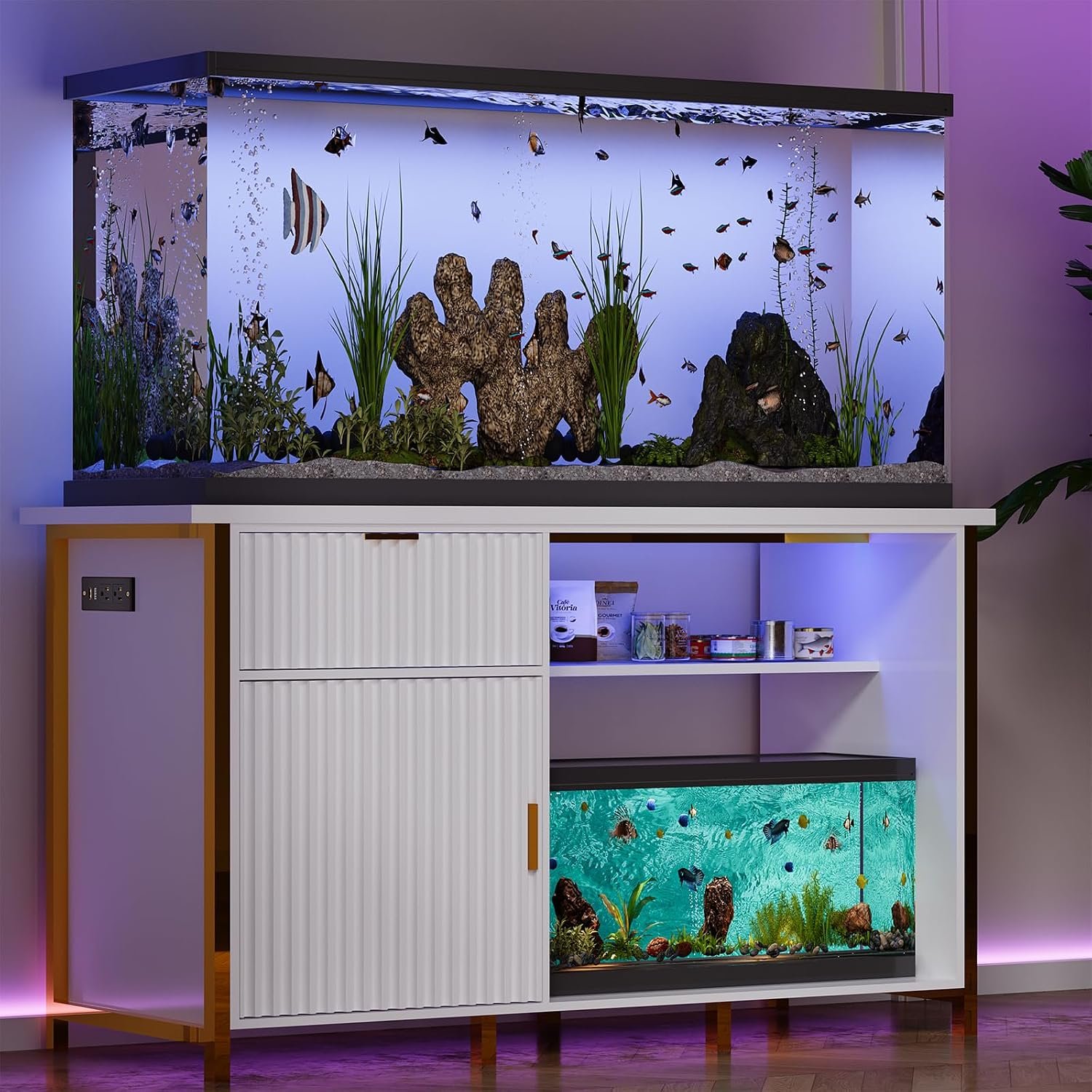 55-75 Gallon Fish Tank Stand, Aquarium Stand with LED Light, White & Gold | 49 x 20 In Top, Modern Fluted Design, 2 Outlets, 2 USB Ports, Shelf Storage, Metal Frame Support, 1100 LBS, Turtle Tank Stand - Image 3