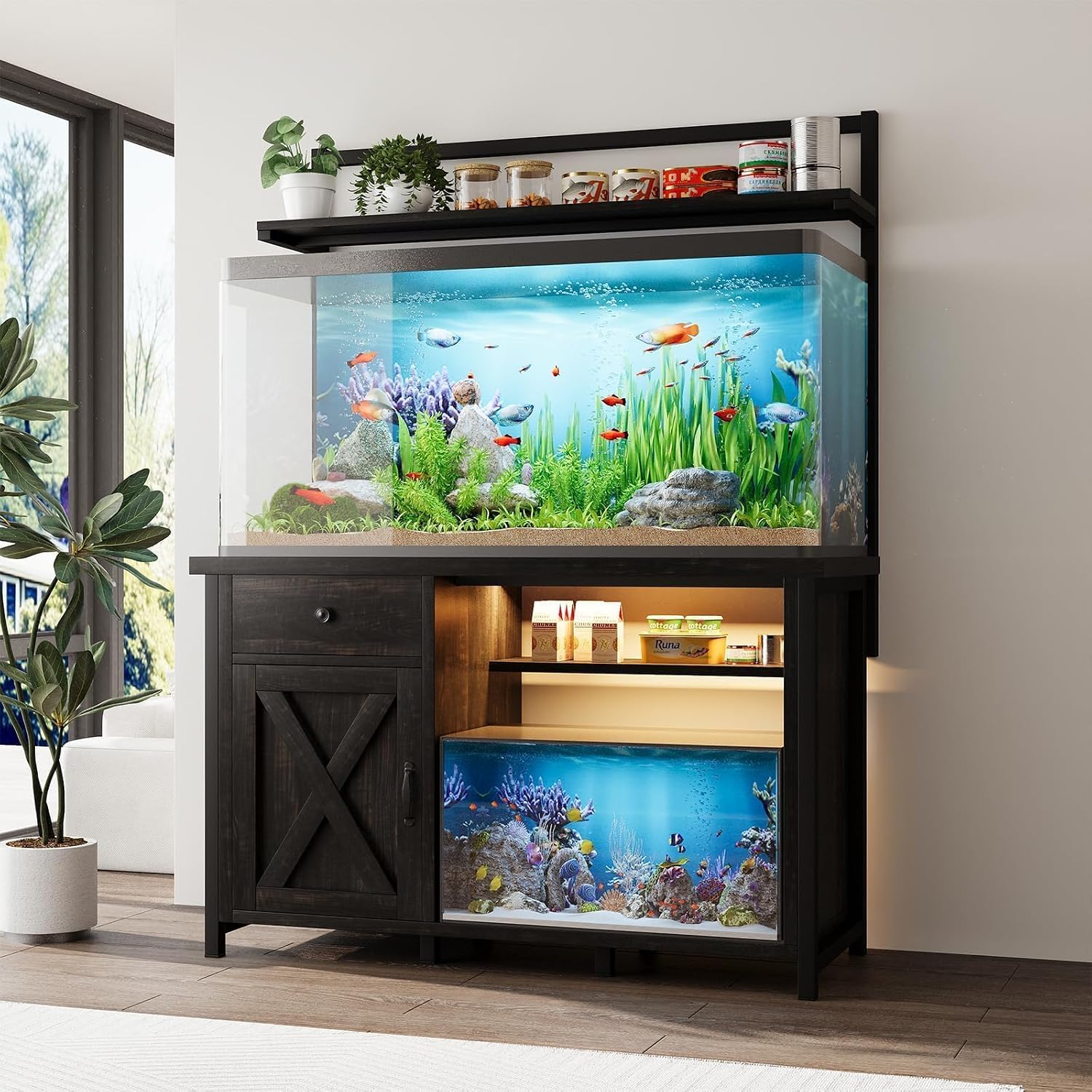 55-75 Gallon Fish Tank Stand with Power Outlet, Led Light, Heavy Duty Aquarium Stand with Cabinet for Fish Tank Accessories Storage, Shelf, for Turtle Tank, Reptile Terrarium, 1100 LBS (Oak) - Image 3