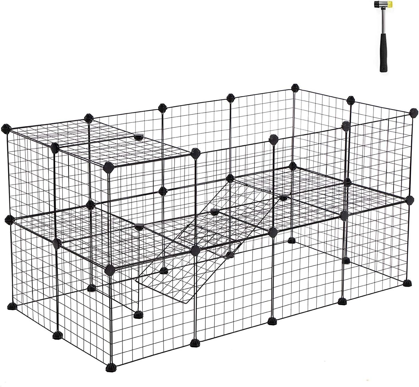 SONGMICS Pet Playpen, Small Animal Playpen, Rabbit Guinea Pig Cage, Zip Ties Included, Metal Wire Apartment-Style Two-Story Pet Premium Villa for Bunnies Puppies, Indoor Use, Black ULPI02H