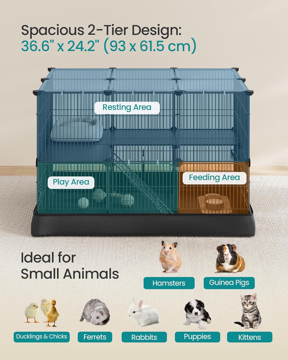 SONGMICS 2-Tier Guinea Pig Cage, Rabbit Cage, Small Animal Playpen with Waterproof Mat, Top and Side Door, 35 Panels, 36.6 x 24.8 x 24.2 Inches, Ink Black ULPI016BH01 - Image 3