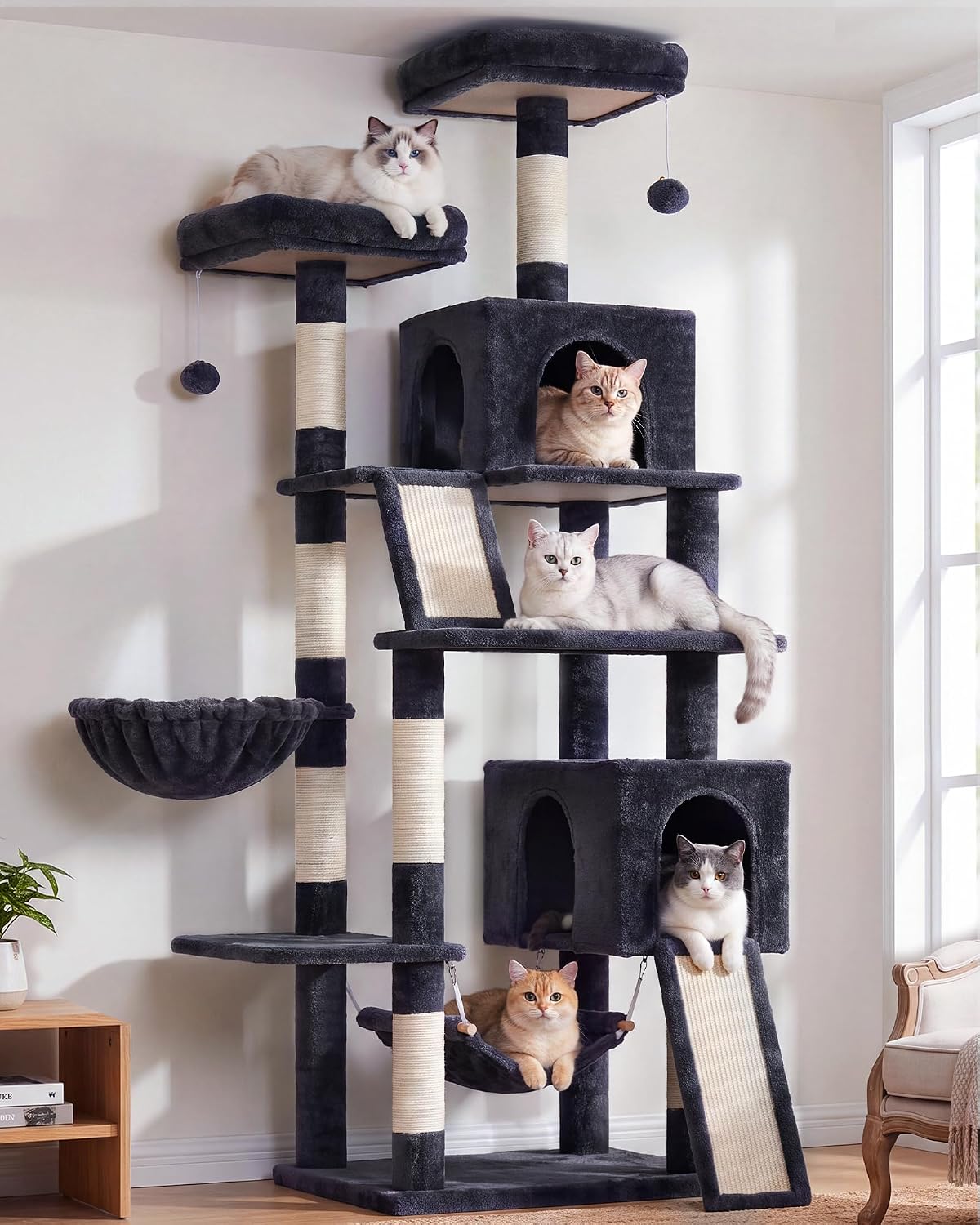 Gitelsnour Cat Tree for Indoor Cats, 71'' (180cm) Multi-Level Cat Tower for Large Adult, Sturdy Cat Tree House with 2 Scratching Boards 7 Posts, 2 Plush Perches/Condos, Hammock, Smoky Gray GCT032G