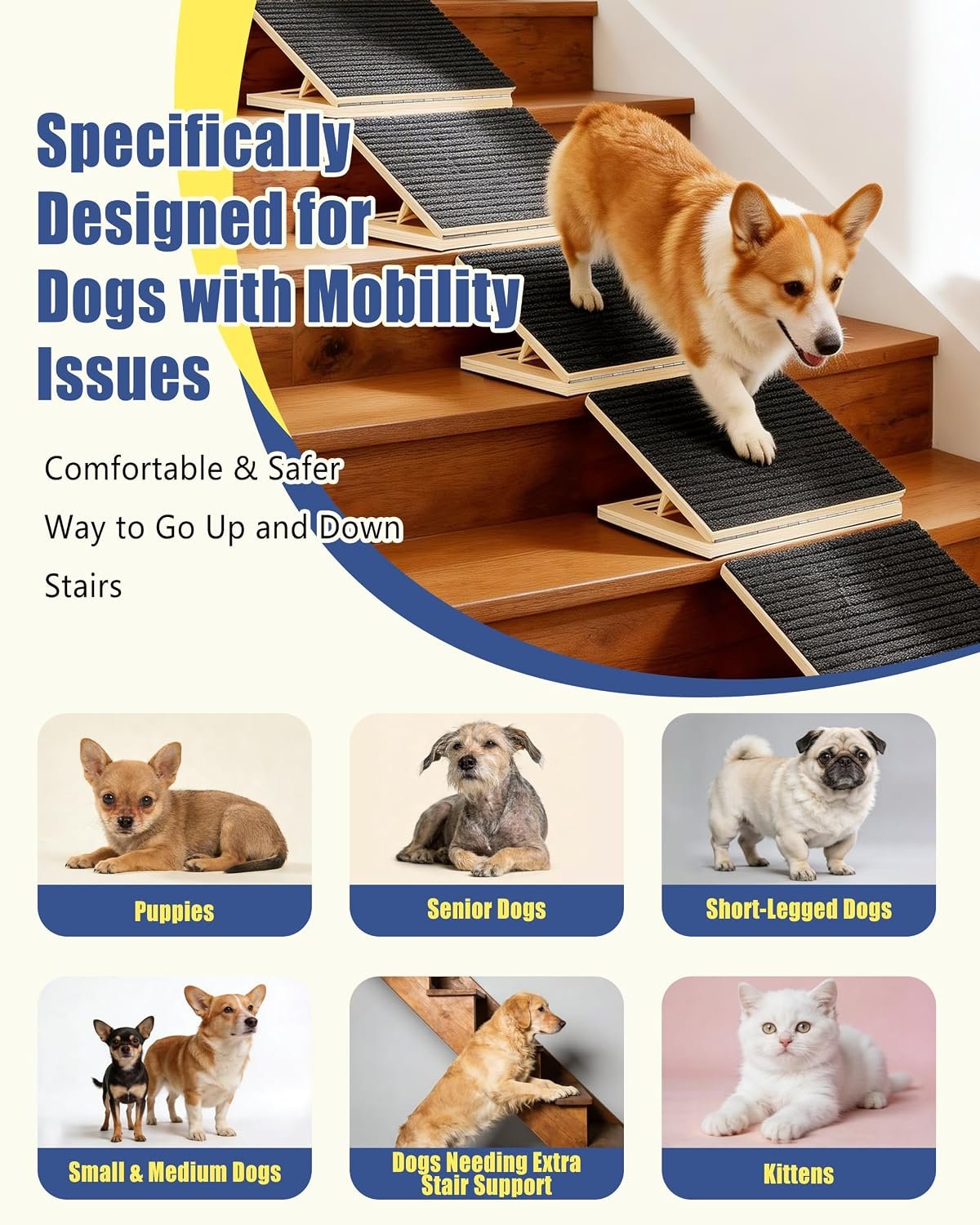 Dog Ramp for Stairs, 2 Pack Wooden Dog Stair Ramps for Small Dogs Only, Foldable Non-Slip Pet Ramp for Indoor Stairs, Adjustable Step Support for Senior, Short-Legged & Small Pets - Image 7