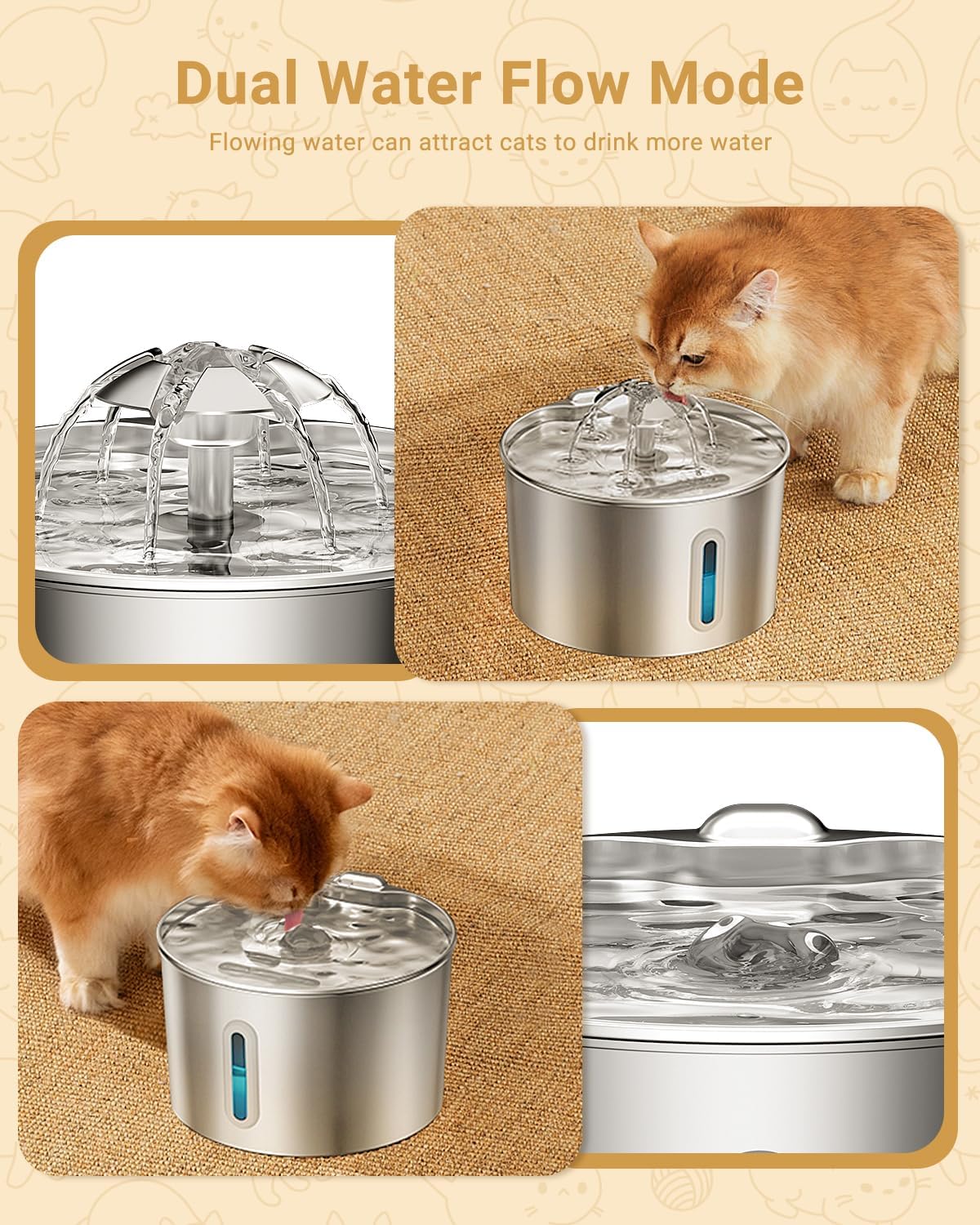 Cat Water Fountain Stainless Steel - 74oz/2.2L Automatic Large Pet Watering Bowl Dispenser for Indoor Dogs - Drinking Fountains with 3 Filter, Gifts for Cats and Kitty - Dog Waterer Bowls No Spill - Image 3