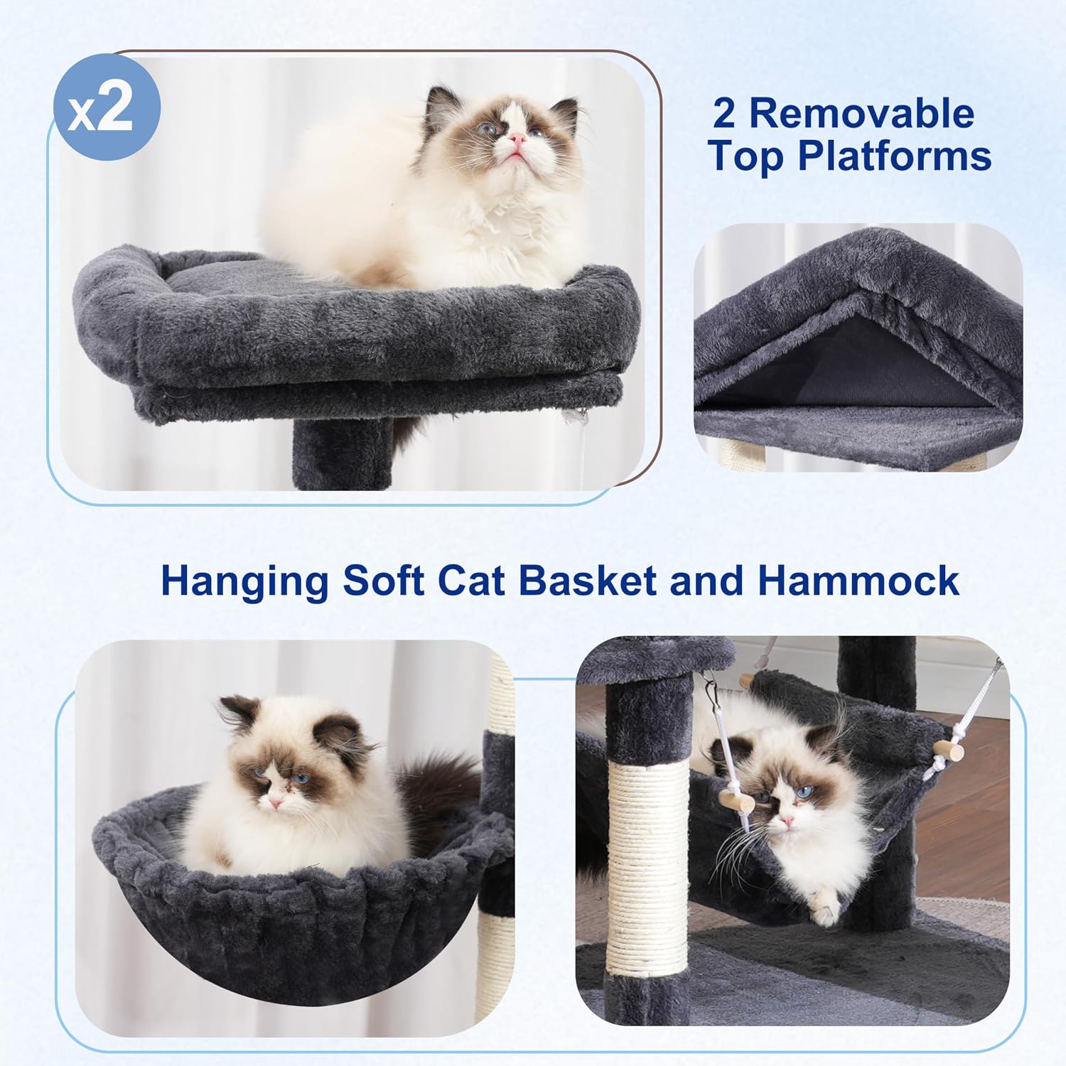 Gitelsnour Cat Tree for Indoor Cats, 71'' (180cm) Multi-Level Cat Tower for Large Adult, Sturdy Cat Tree House with 2 Scratching Boards 7 Posts, 2 Plush Perches/Condos, Hammock, Smoky Gray GCT032G - Image 3