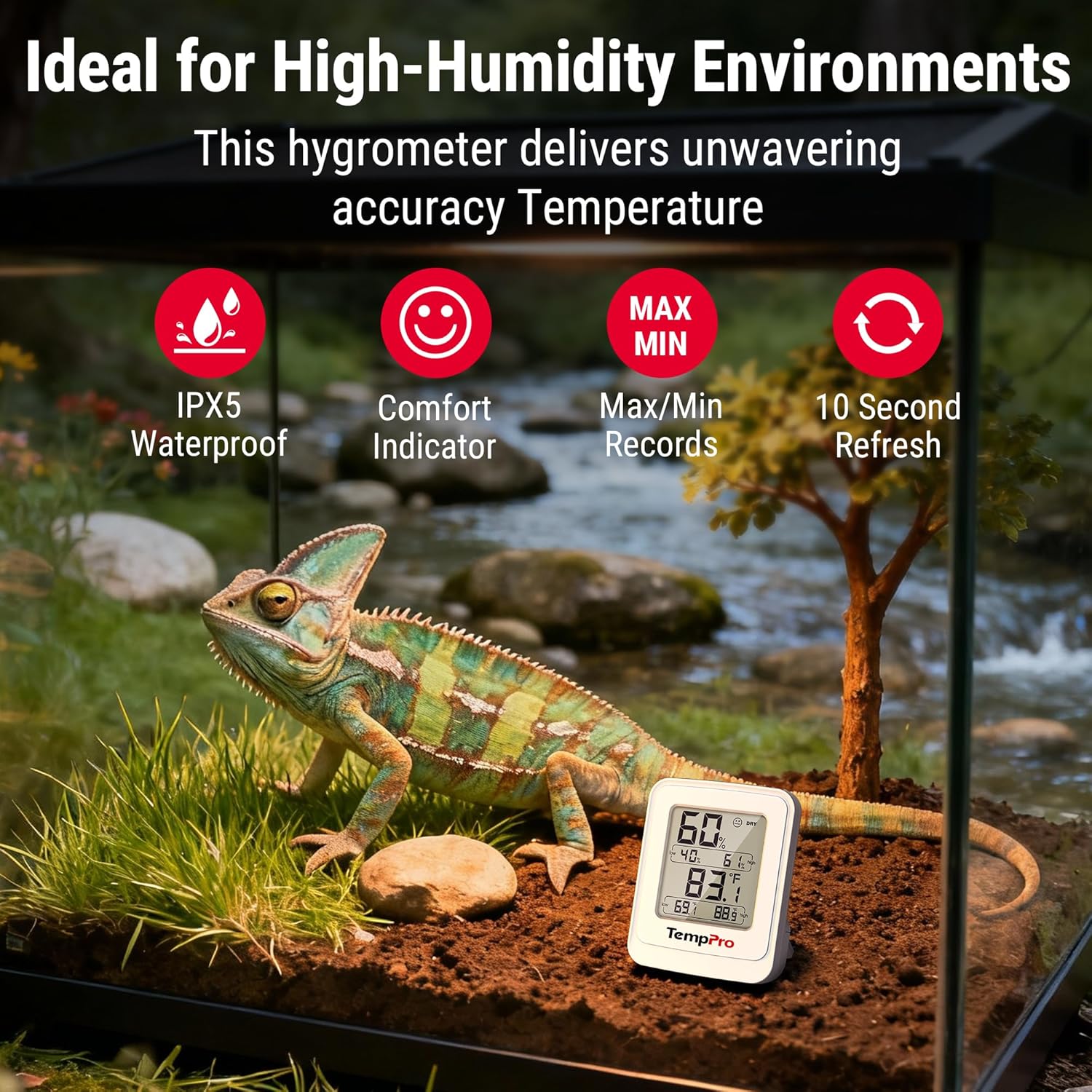 TempPro TP150 Digital Hygrometer Indoor Thermometer, IPX5 High-Humidity Resistant Greenhouse Thermometer Temperature and Humidity Monitor, High/Low Records Humidity Meter for Room Grow Tents, Reptile - Image 3
