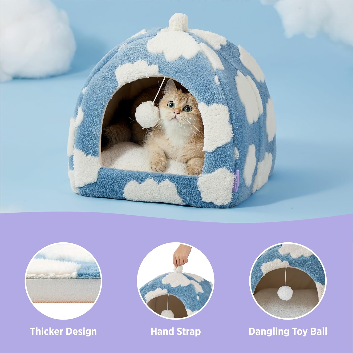 Lesure 2in1 Cute Cat House for Kitten with Washable Cushioned Pillow,16in | Cat Beds for Indoor Cats,Small Pet Cave Tent,Cozy Enclosed Foldable Hideaway,Fluffy Ball,Anti Slip Bottom,Hand Strap,Blue - Image 5