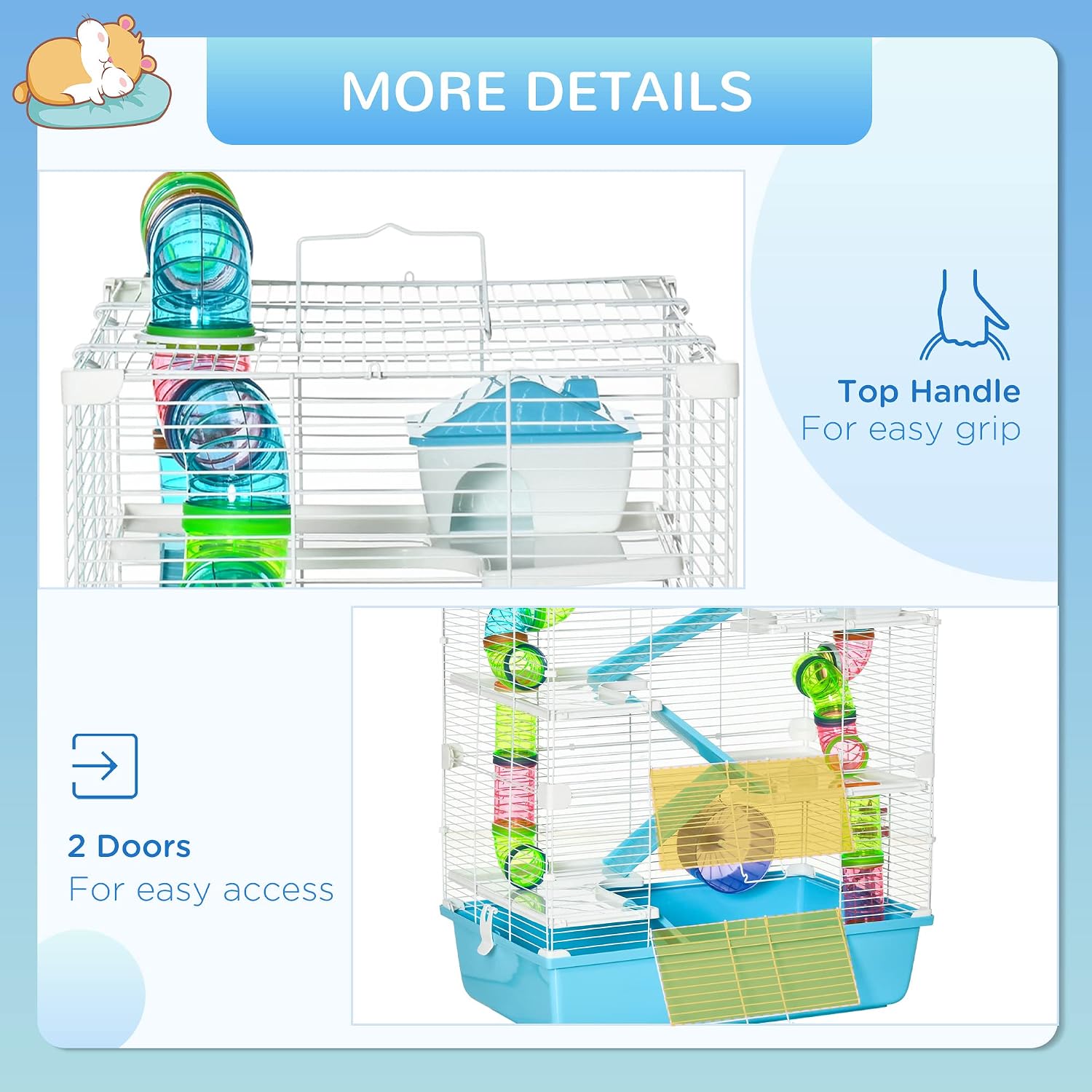 PawHut Extra Large 23" Hamster Cage with Tubes and Tunnels, Portable Carry Handles, Rat House and Habitats Big 5-Tier Design, Mouse Cage Includes Exercise Wheel, Water Bottle, Food Dish, Light Blue - Image 6