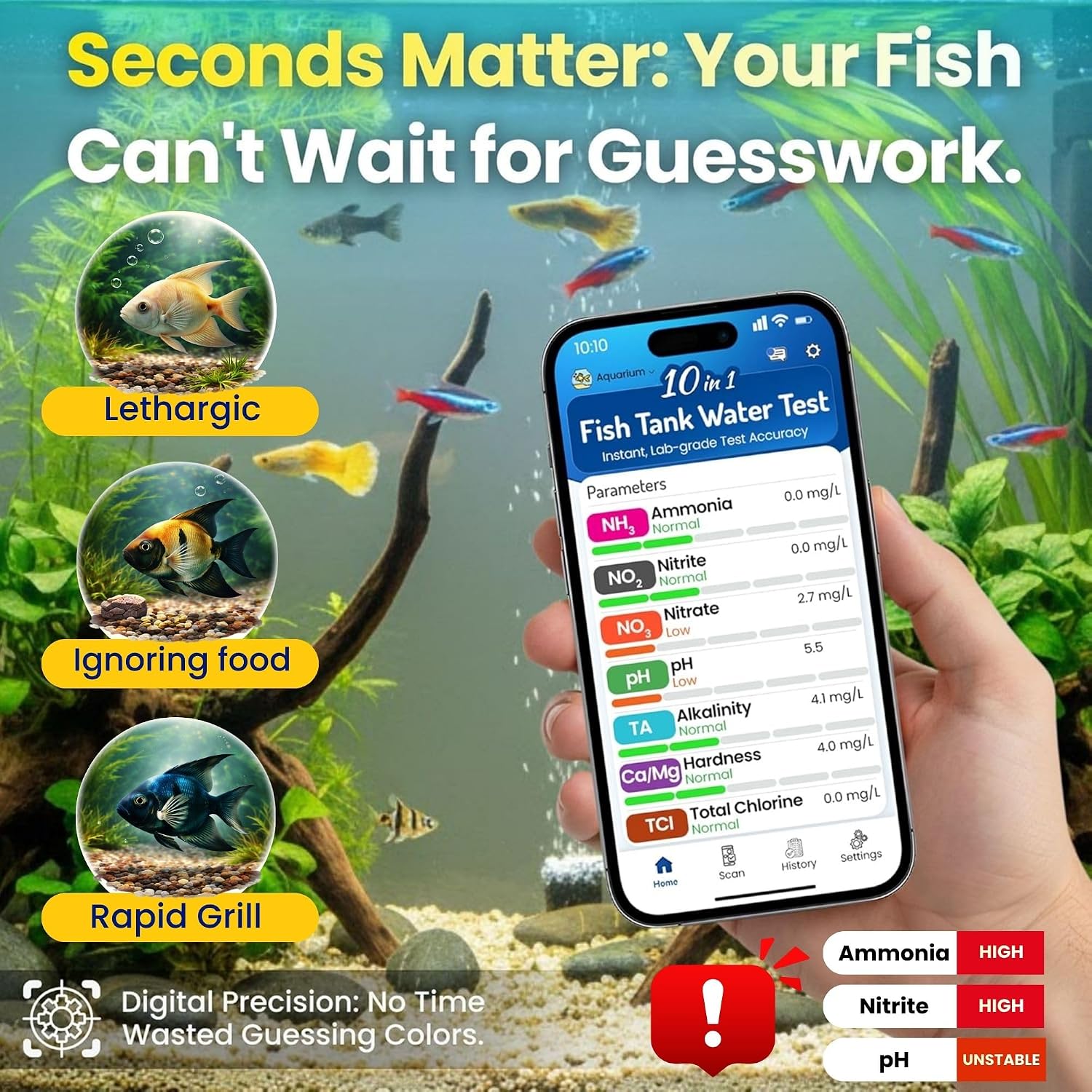 Digital Aquarium Water Test Kit, App-Enabled 10-in-1 Freshwater & Saltwater Aquarium Test Strips for Fish Tanks, Shrimp, Reef Test Strips, pH, Ammonia, Nitrate, Nitrite, GH, KH, Chlorine - Image 4