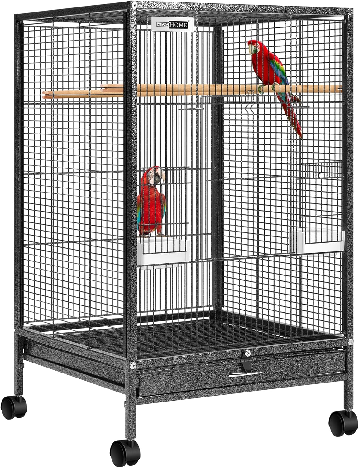 VIVOHOME Wrought Iron Bird Cage with Rolling Stand, 30 Inch Height | Standing Bird Flight Cage with Casters, Slide-out Tray for Parakeets Cockatiels Lovebirds Canaries Finches Conures, Black