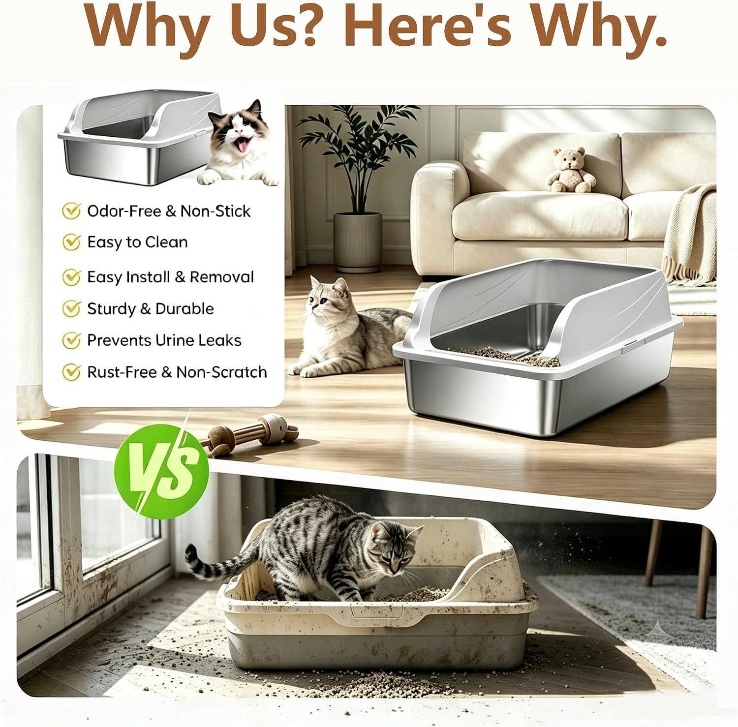 2-Pack Stainless Steel Litter Box Large Easy Clean 2-Scoop Included | Anti-Tracking Step, Odor-Resistant, Rust-Proof, Scratch-Resistant, Non-Slip Pads, Easy Clean, Rolled Safety Edges, Non-slip - Image 8