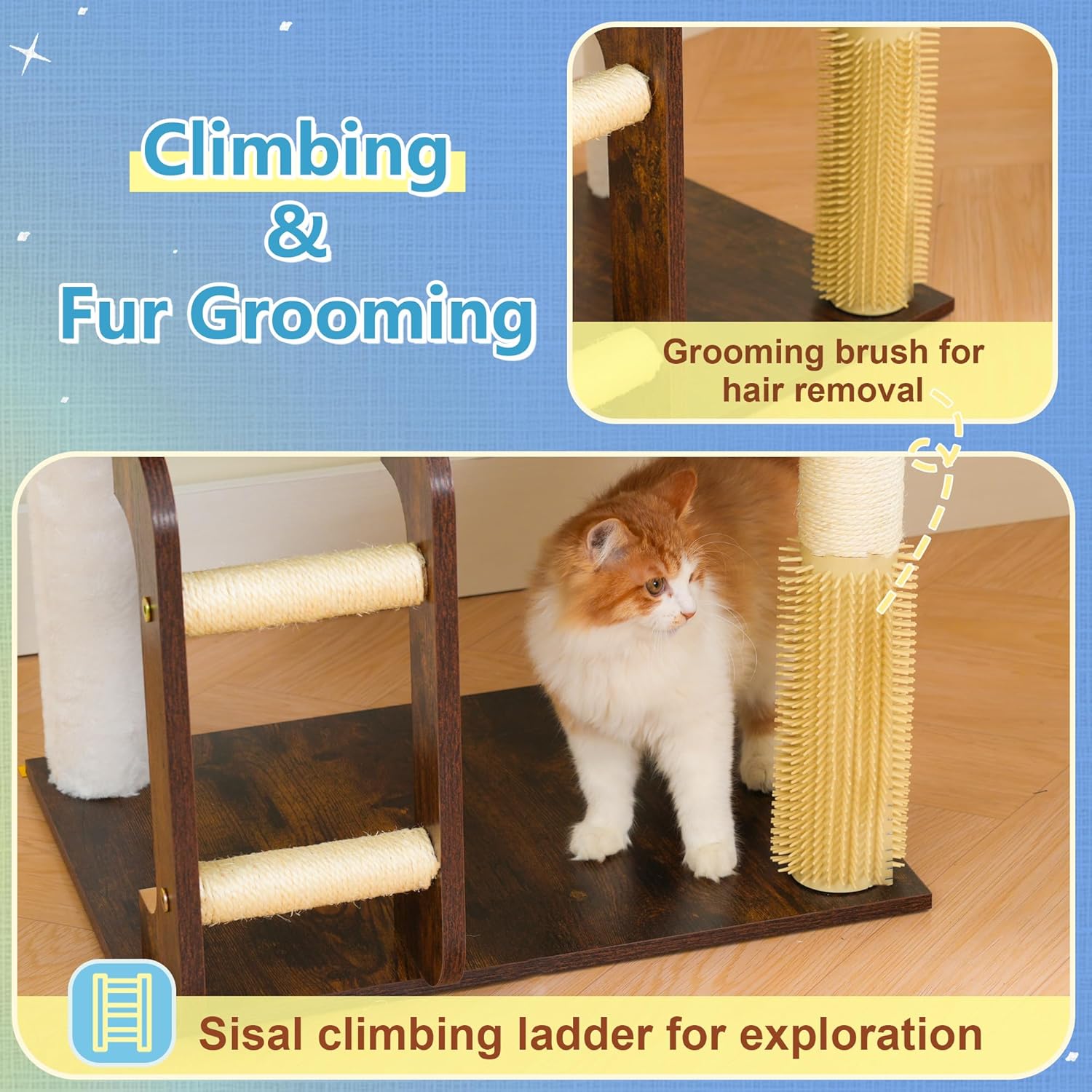 Hey-brother Wooden Cat Tree, 69.7 inch Cats Furniture Tower with Large Platforms, Hammocks, Spacious Condo, Full Sisal Scratching Posts, Ladder, Brush, Water Proof Surface, Rustic Brown MPJ121SR - Image 6