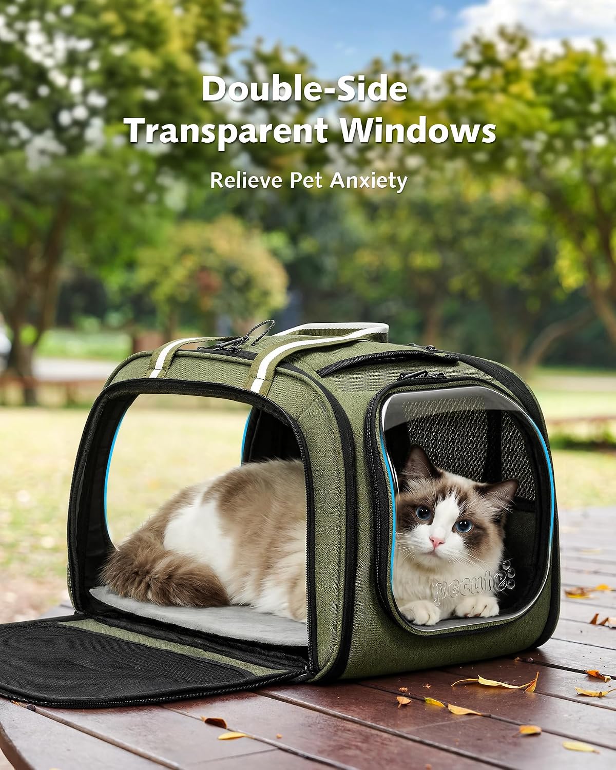 Pecute Cat Carrier with Bubble Window & Sunshade for Dogs Cats, Green L | Dual bubble windows & top sunshade, 70% more airflow mesh, Impact-resistant stable frame, Locking zippers, Fits up to 15 lbs - Image 2