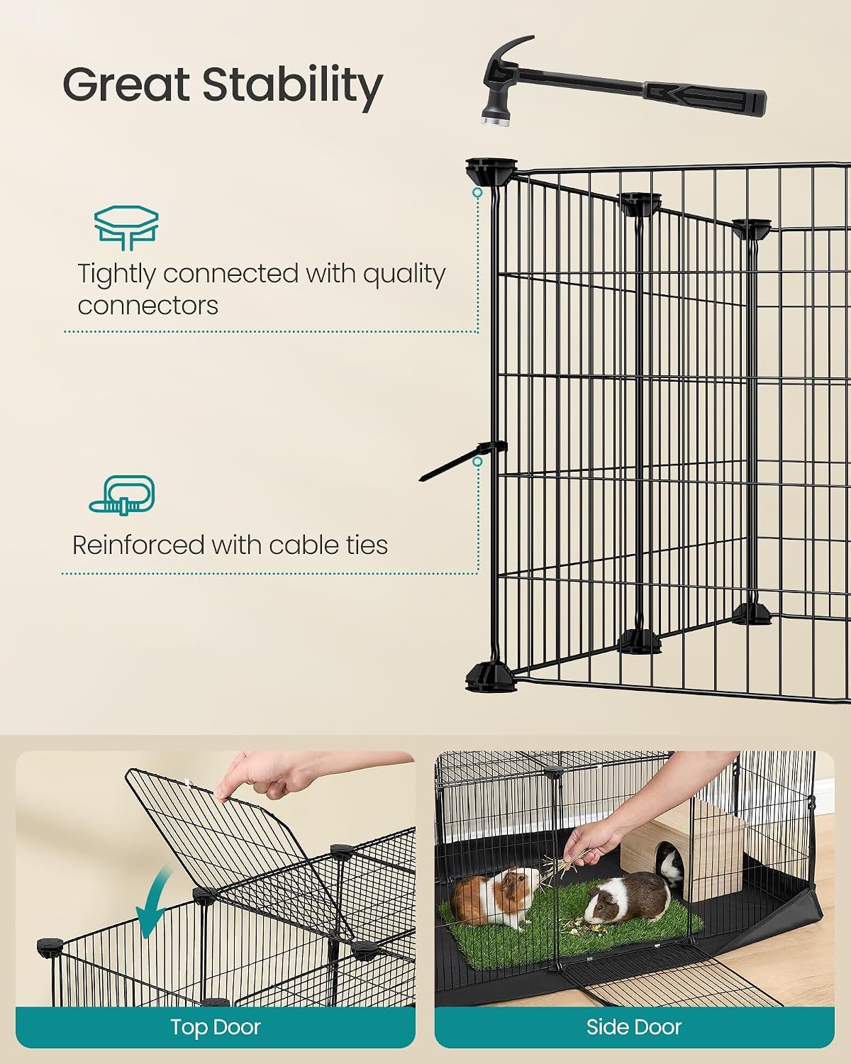SONGMICS Guinea Pig Cage, Rabbit Cage, Small Animal Playpen with Waterproof Mat, Top and Side Door, 20 Panels, 48.4 x 24.8 x 16.3 Inches, Ink Black ULPI012BH01 - Image 7