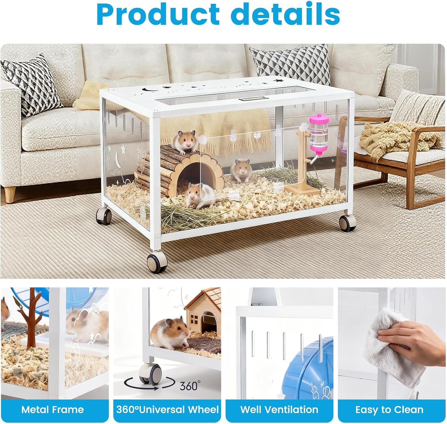 Large Hamster Cage, Hamster Habitat 360° Viewing Guinea Pig Cages Hamster Tank with 2 Door and Wheels Small Animal Habitat for Syrian Dwarf Gerbils Rats Guinea Pigs - Image 8