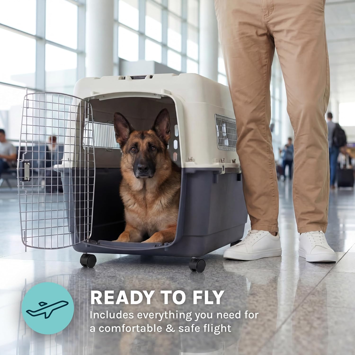 SportPet Airline Compliant XX-LARGE 39" Travel Dog Kennel-Durable Plastic Airline Pet Carrier w/ Removable Wheels & Food Bowls, Collapsible Indoor/Outdoor Dog Kennel, Dogs up to 36"L & 27"H-Cream/Gray - Image 7