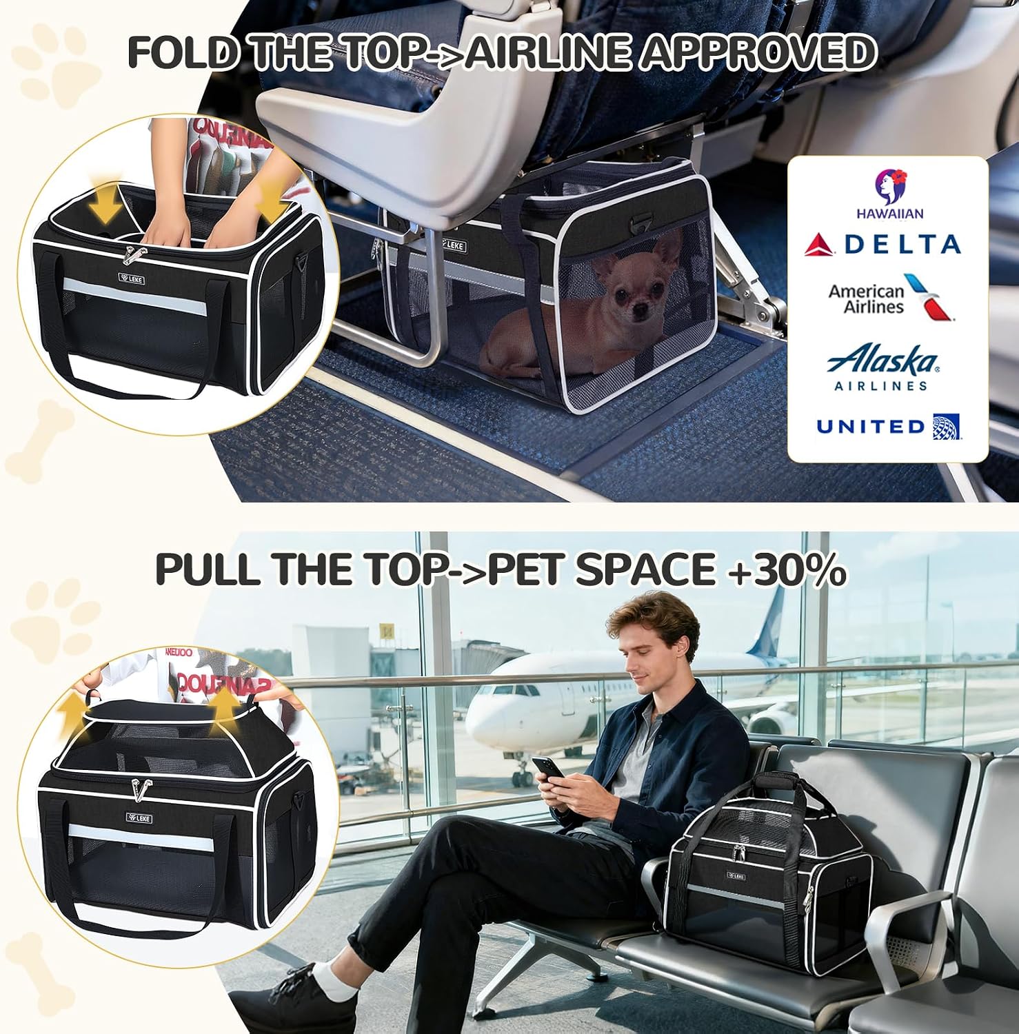 Lekereise Top-Expandable Pet Carrier 17x11x9.5 Inch Alaska Hawaiian Airline Approved Soft Sided Underseat to 12lbs Travel Carriers for Small Dogs and Cats with Locking Safety Zippers Anti-Scratch Mesh - Image 5