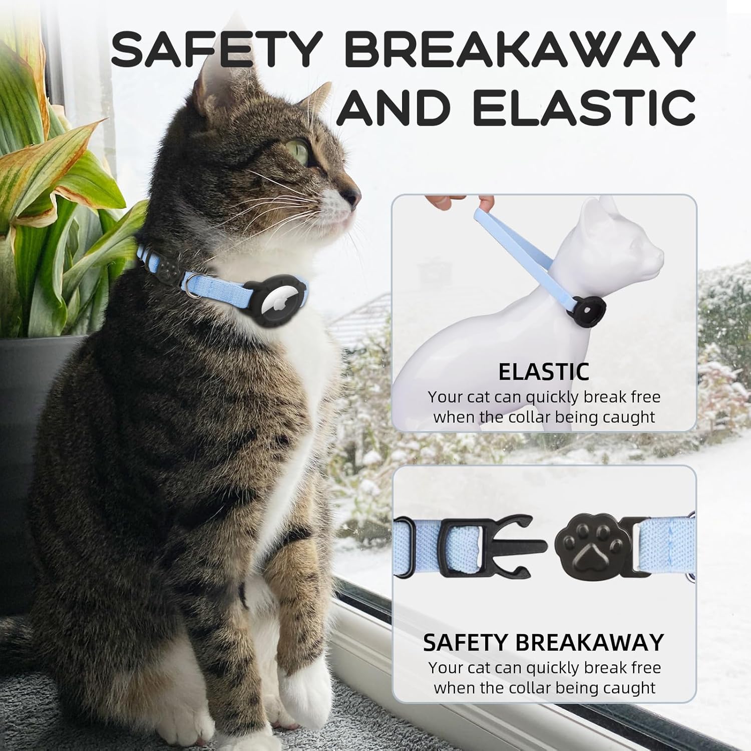 AirTag Cat Collars, Stretchy Collar with Air Tag Holder and Bell | Breakaway - Ultra Design Elastic - GPS Tracking Collars - Adjustable Size for Cats & Puppies 7.5-12.5" - (Blue) - Image 4