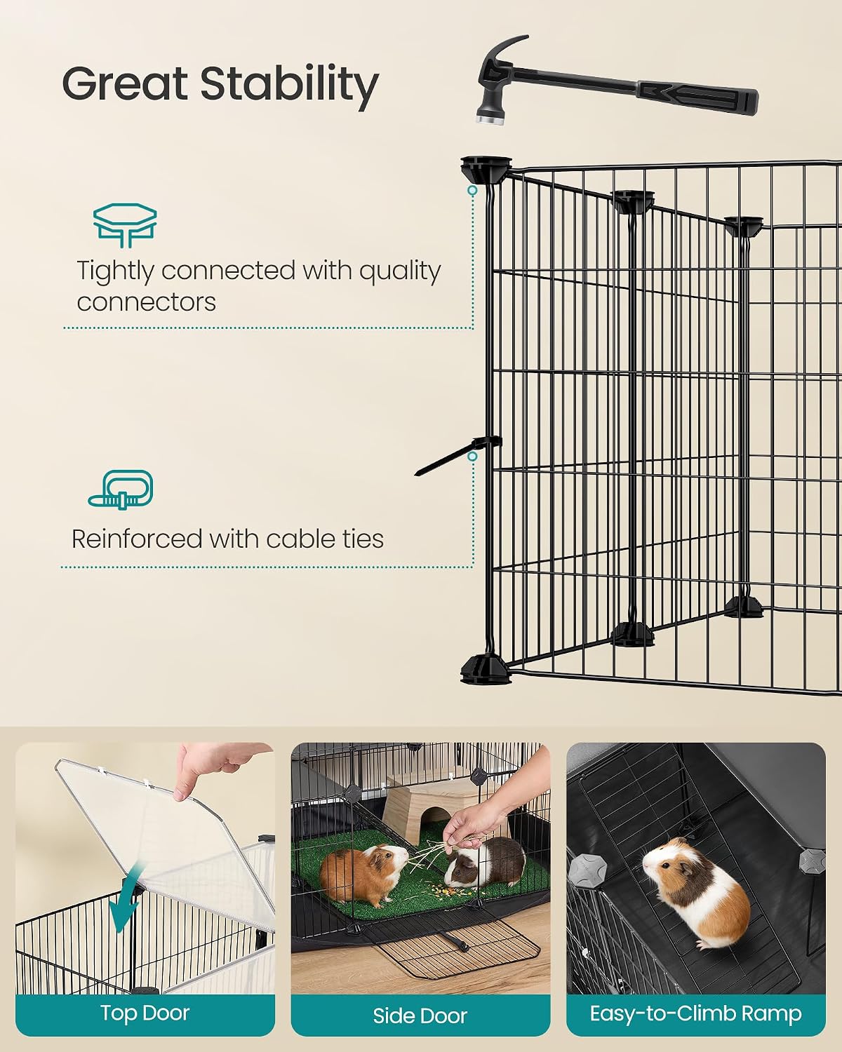 SONGMICS 2-Tier Guinea Pig Cage, Rabbit Cage, Small Animal Playpen with Waterproof Mat, Top and Side Door, 35 Panels, 36.6 x 24.8 x 24.2 Inches, Ink Black ULPI016BH01 - Image 7