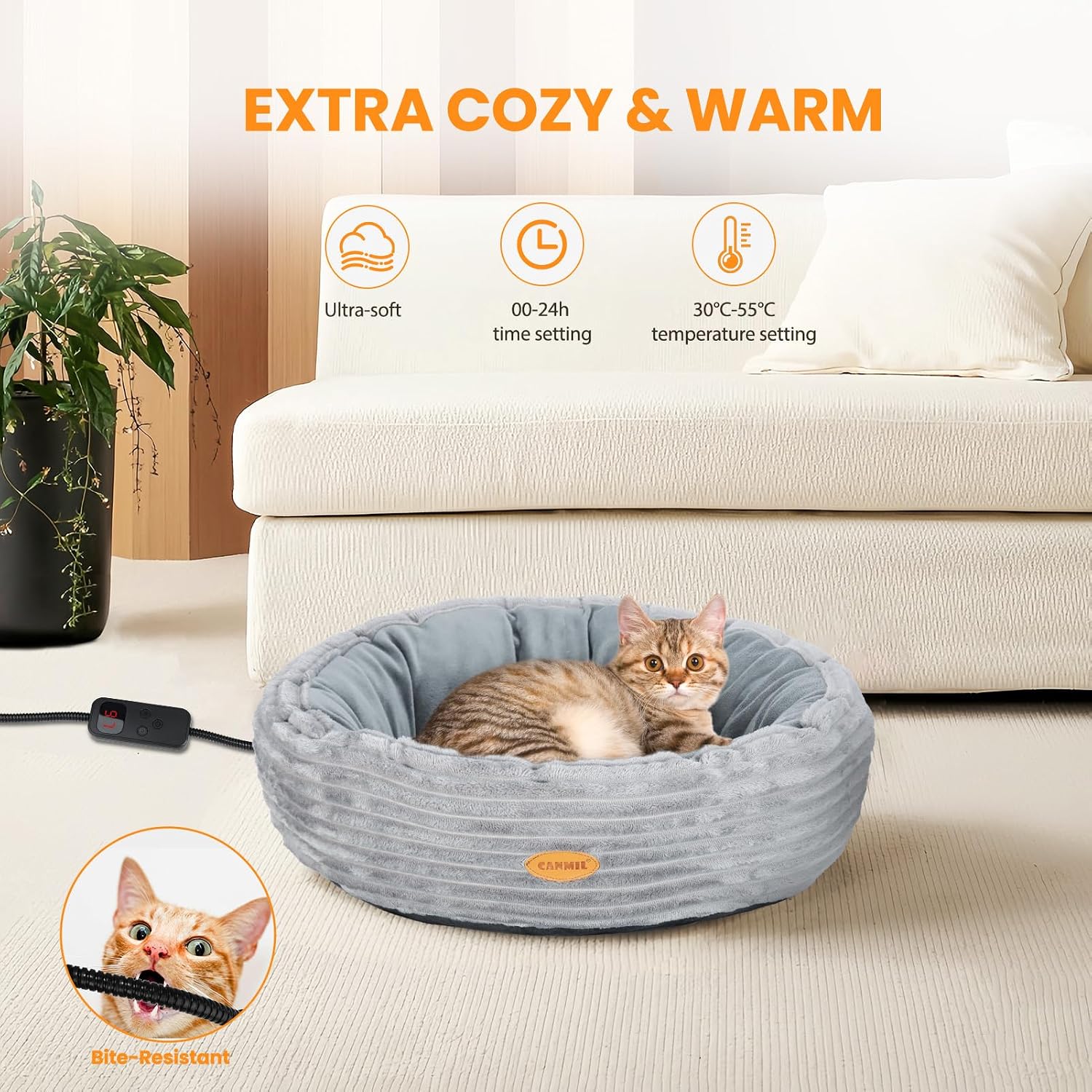 Heated Cat Bed for Indoor Cats, 20’’ Electric Cat Heated Bed Pet Warming Bed for Cats and Small Dogs, Washable Calming Round Donut Pet Bed with Heating Pad, Indoor Use - Image 2