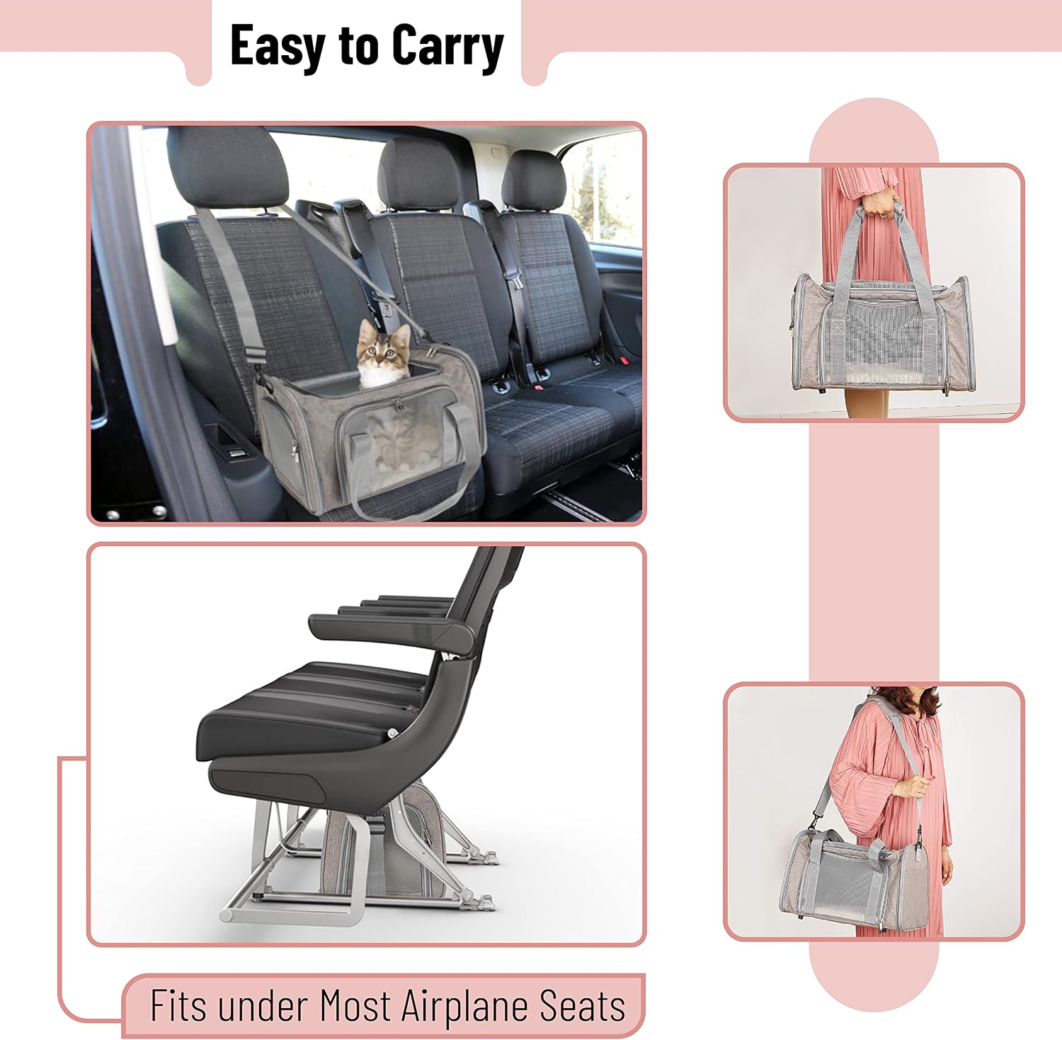 Mr. Pen- Pet Carrier, 17.5" x 11.2" x 11.5", Medium Size, Gray | Portable Travel Carrier for Small Pets, Cats & Small Dogs, Breathable Mesh, Safety Inner Leash - Image 5