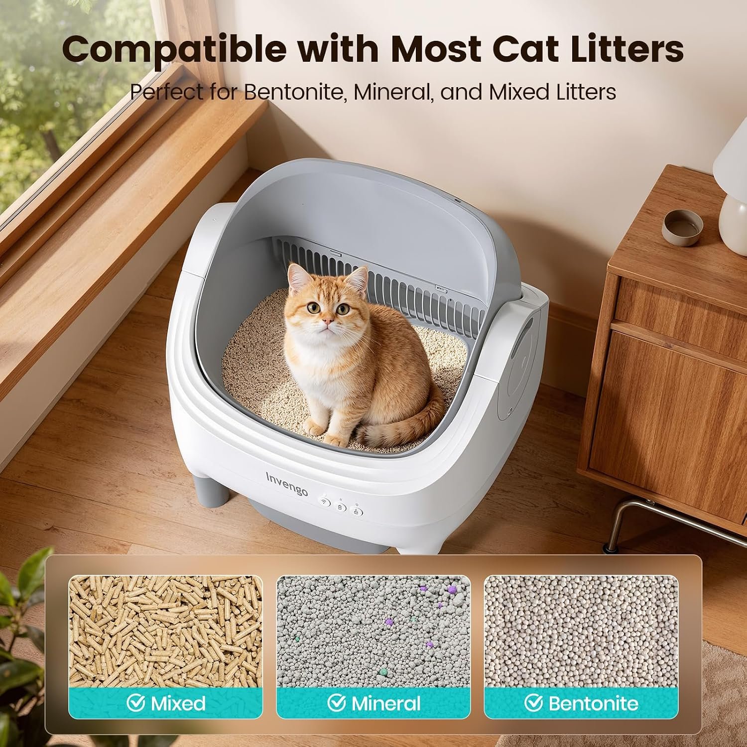 Invengo Automatic Cat Litter Box Self Cleaning, App Control, Open-Top Automatic Litter Box with Safety Sensors, Ultra-Quiet, 10.5L Waste Bin with Odor Control, 2 Rolls of Garbage Bags, LightGrey - Image 8